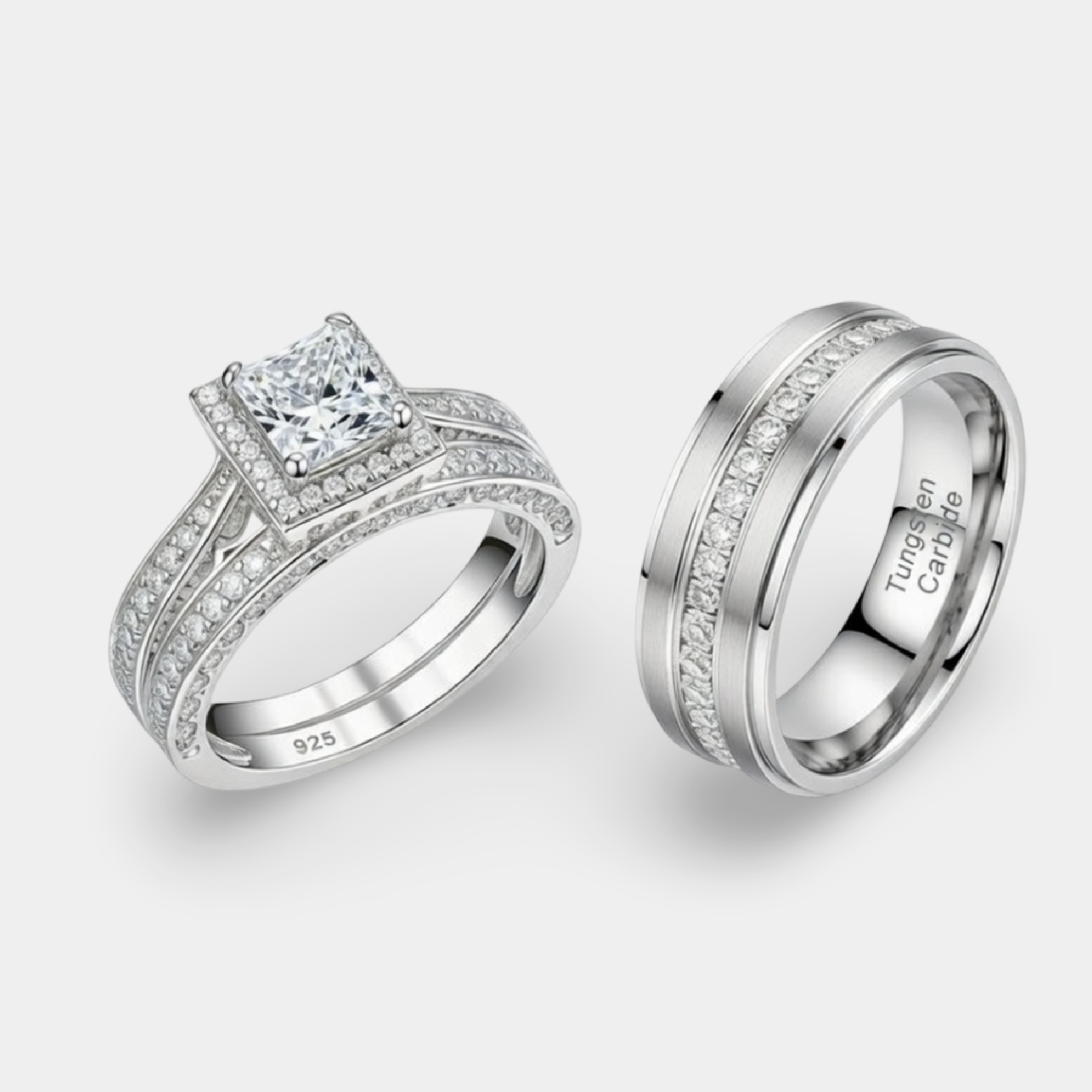 His and hers sterling silver and tungsten wedding ring set shown together as a gift set.