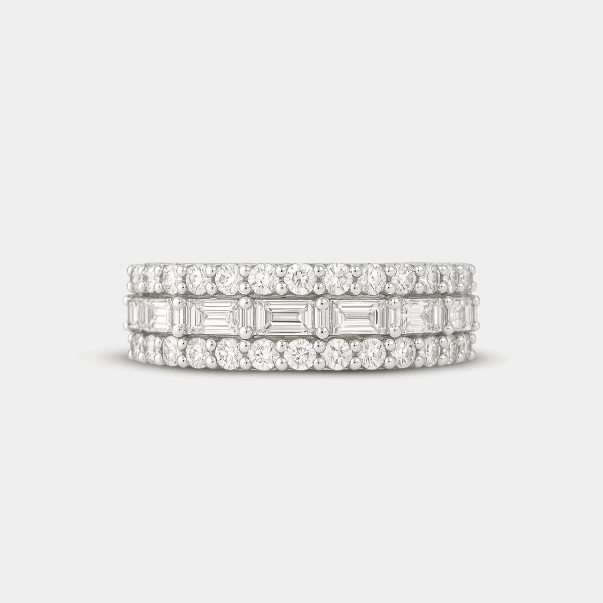 Second angle of the round and baguette created diamond eternity band showing the sparkle from every side