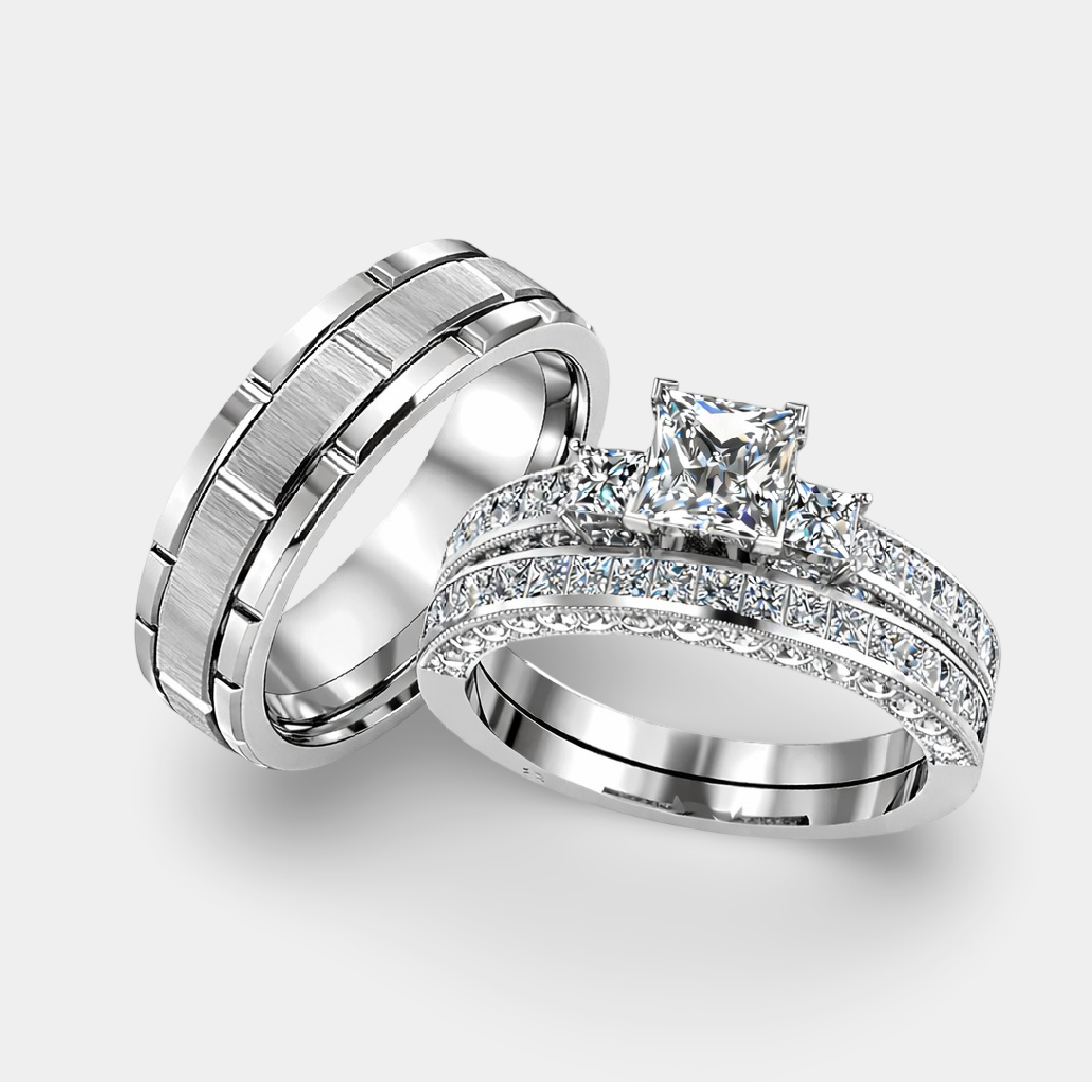 His and hers square CZ wedding ring set presented together in gift box