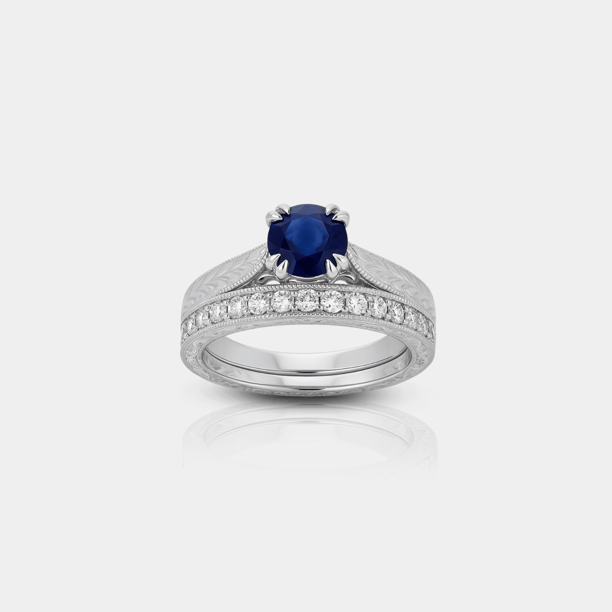 Sapphire Diamond Engagement Ring Set | Bridal Ring Set | 14K Gold – MH ELEGANCE - MH ELEGANCE - Sapphire & Diamond Vintage Ring Set - MH ELEGANCE -