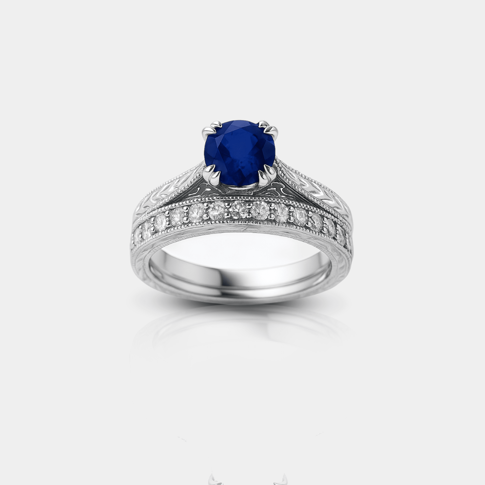 Sapphire Diamond Engagement Ring Set | Bridal Ring Set | 14K Gold – MH ELEGANCE - MH ELEGANCE - Sapphire & Diamond Vintage Ring Set - MH ELEGANCE -