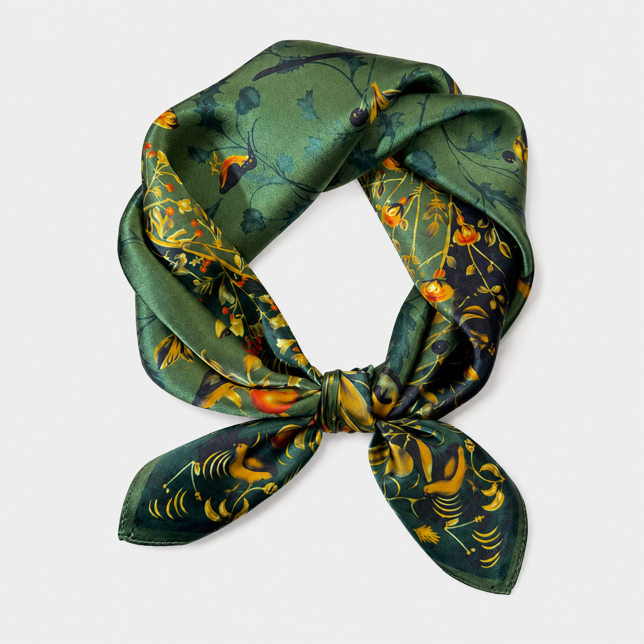 100% mulberry silk scarf packaged in luxury MH Elegance presentation box with botanical emerald design visible, perfect premium gift accessory