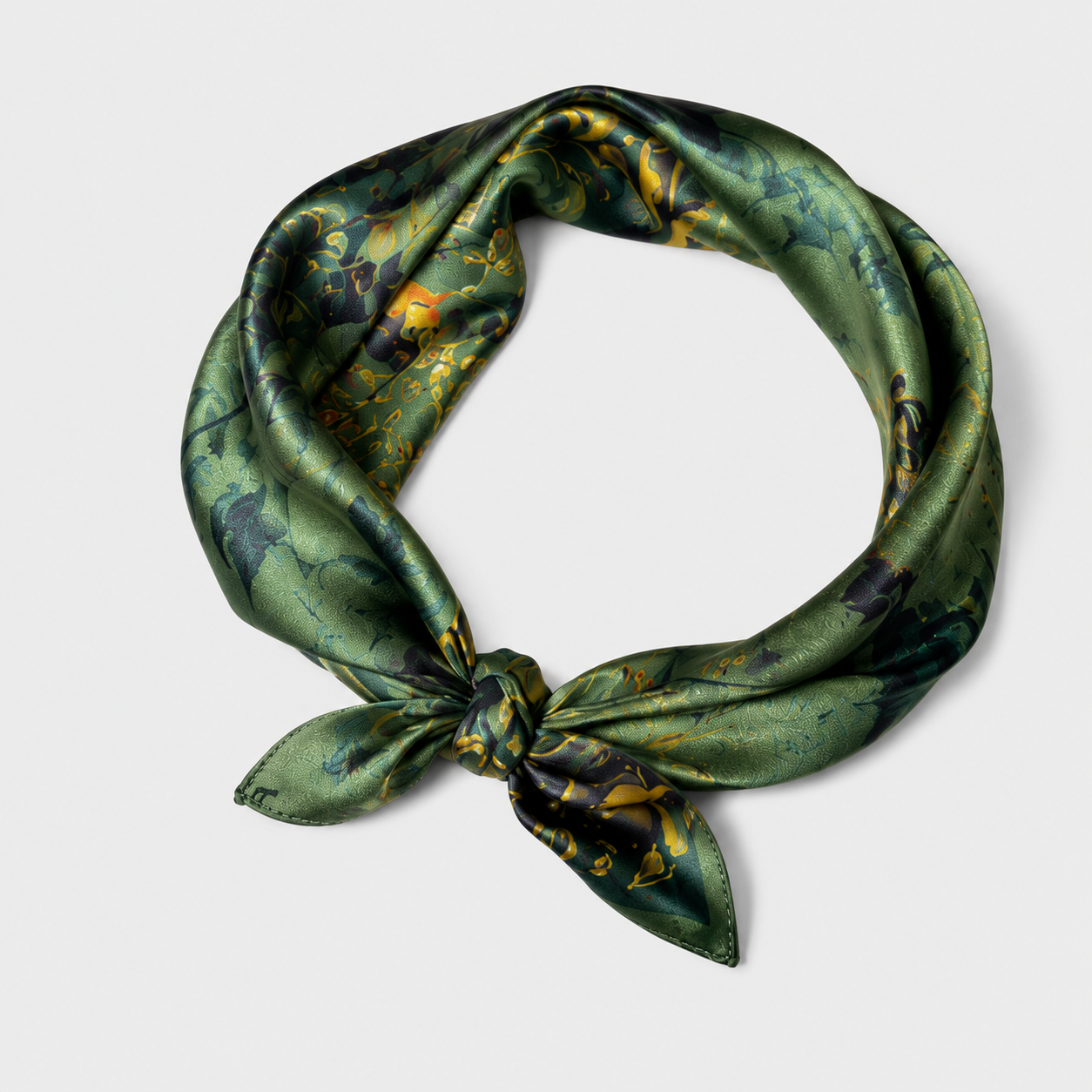 Premium botanical print close-up of hand-illustrated vintage birds and floral design on emerald background, 25.6 inch square silk scarf