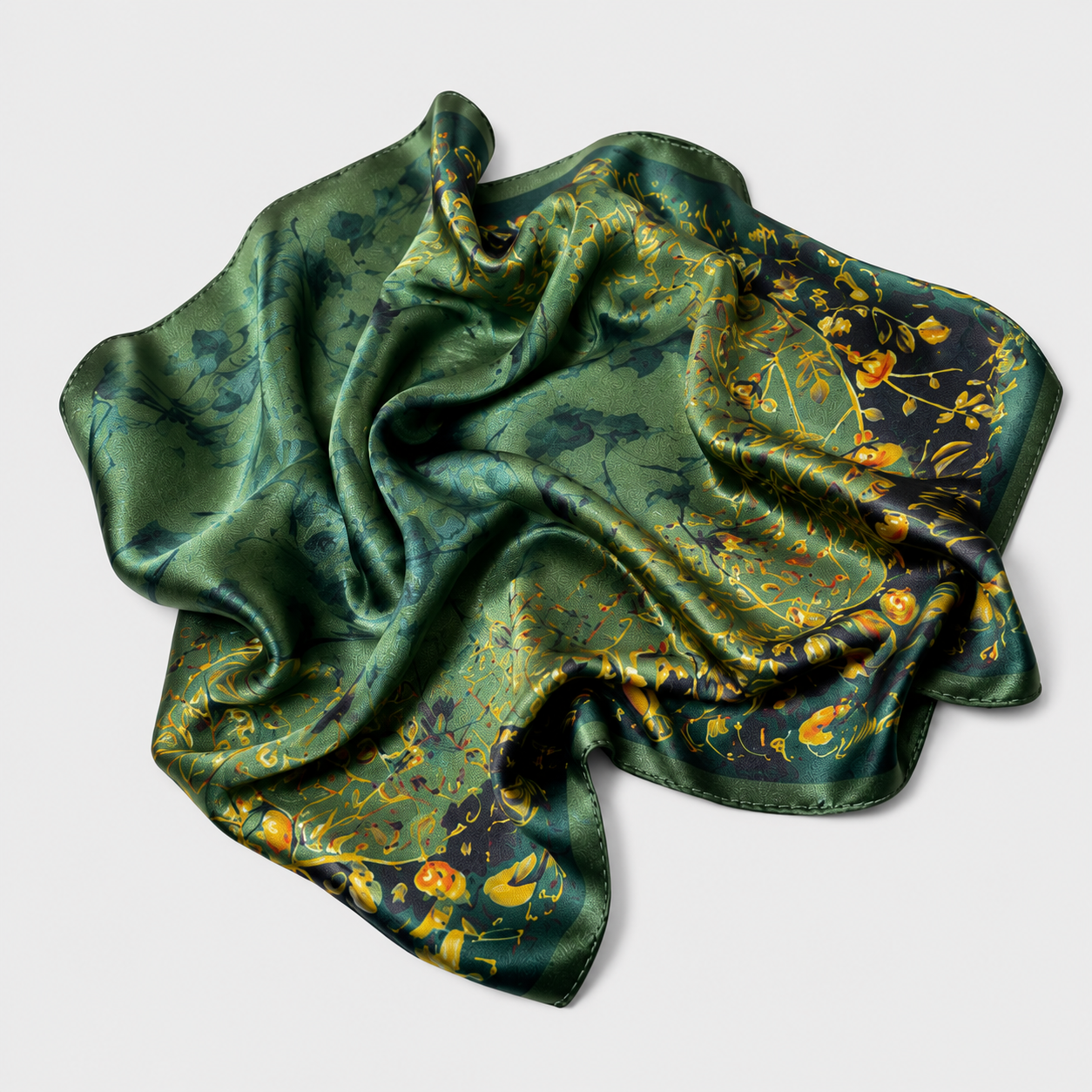 Emerald silk scarf hand-rolled edges rich color gold cream botanical accents premium mulberry
