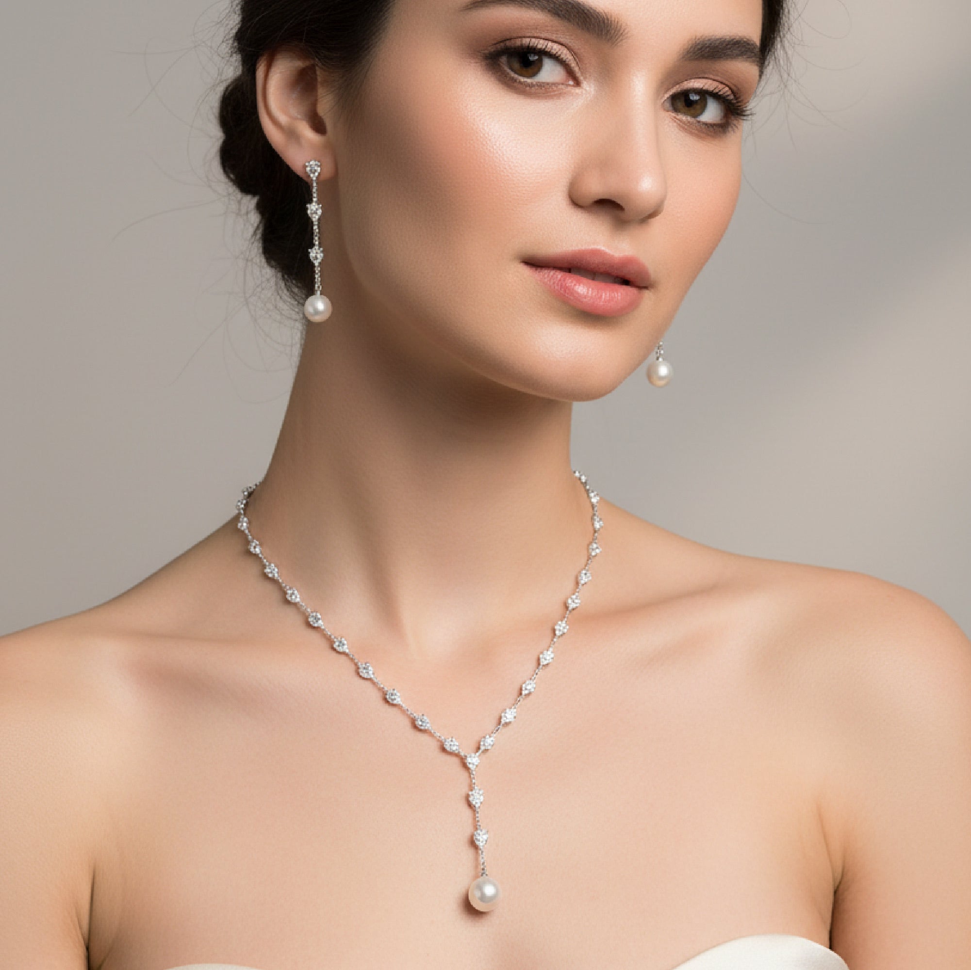 Silver Bridesmaid Necklace & Earrings Set - MH ELEGANCE - Silver Bridesmaid Necklace & Earrings Set -