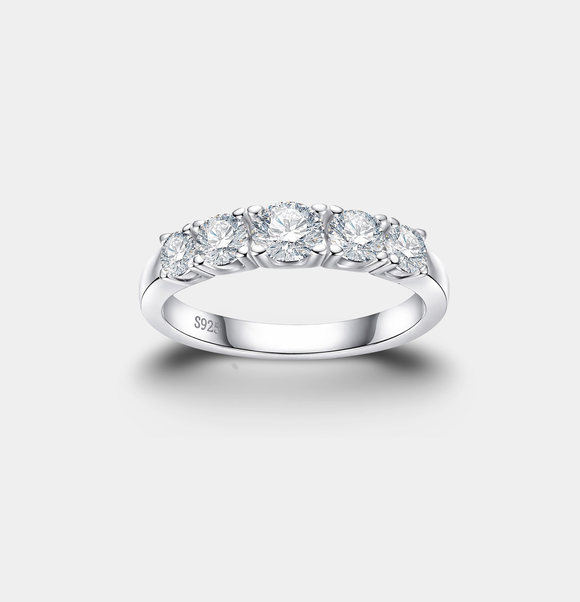 Five stone moissanite band ring in sterling silver, front view