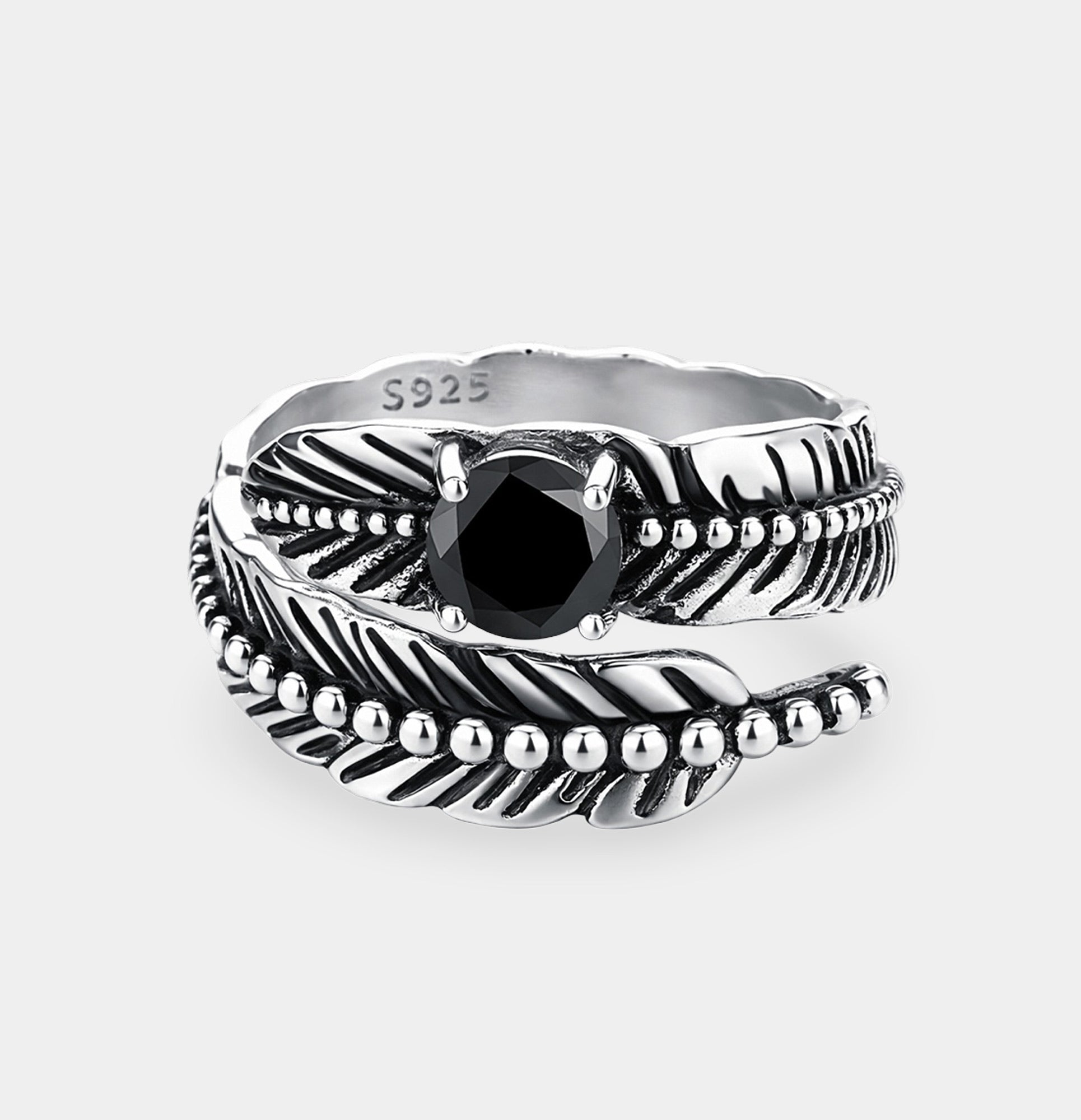 Sterling Silver Feather Black Onyx Ring | Modern Gemstone Mens Jewelry - MH ELEGANCE - Sterling Silver Feather Black Onyx Ring | Modern Gemstone Mens Jewelry - Ring