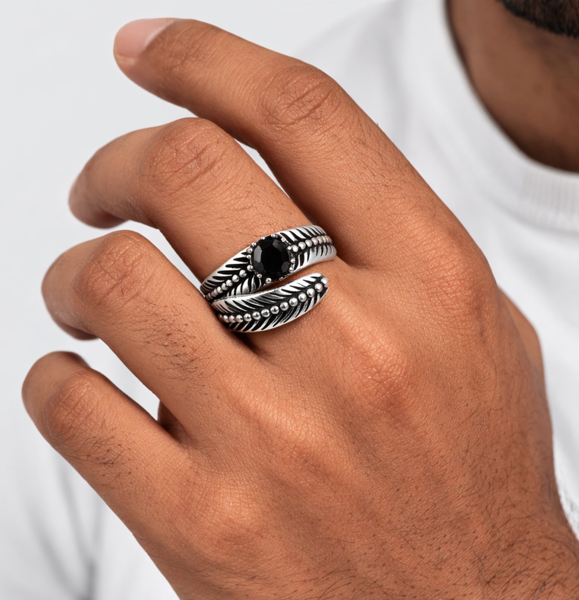 Sterling Silver Feather Black Onyx Ring | Modern Gemstone Mens Jewelry - MH ELEGANCE - Sterling Silver Feather Black Onyx Ring | Modern Gemstone Mens Jewelry - Ring