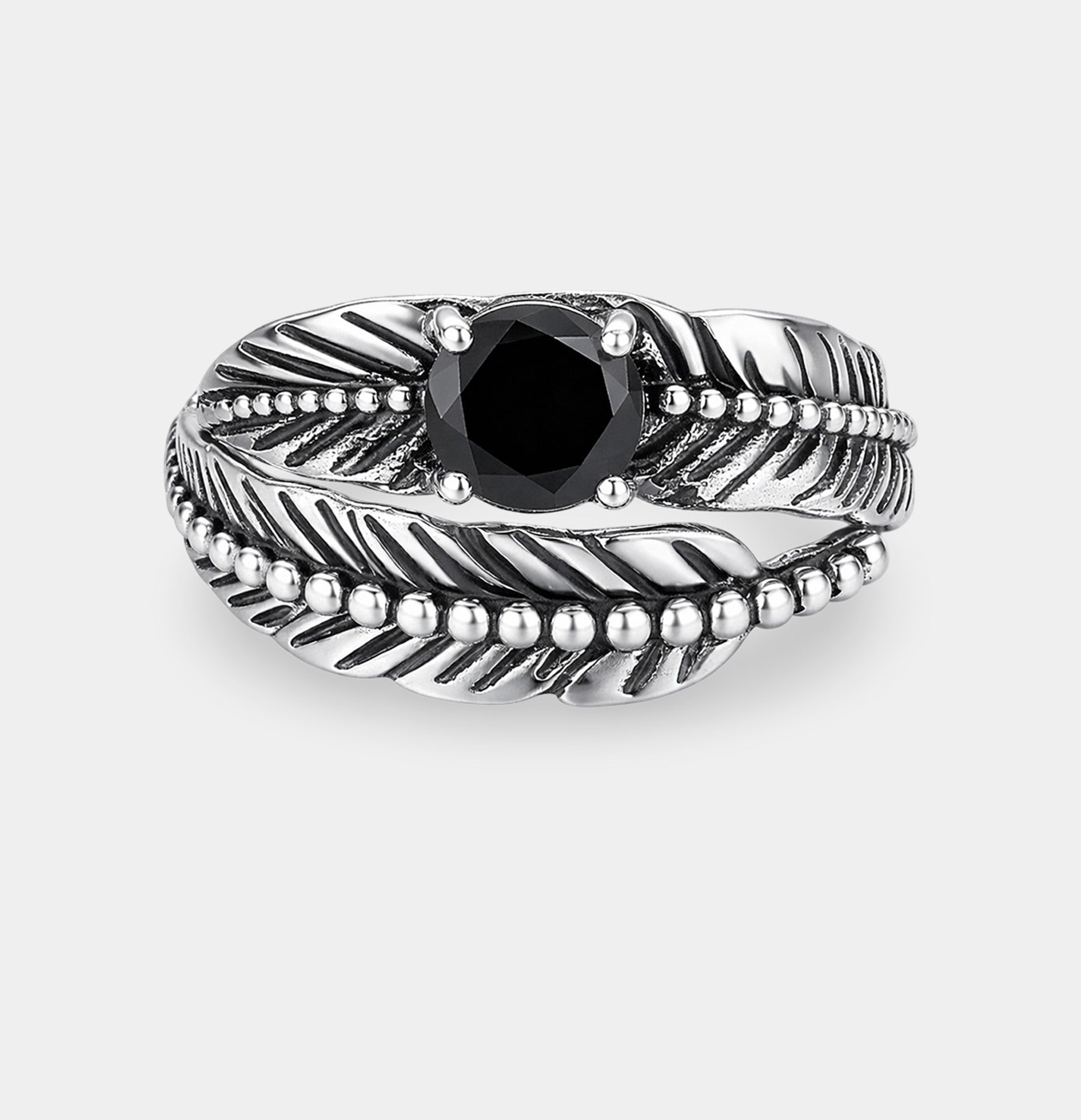Black onyx feather ring in 925 sterling silver styled on the hand