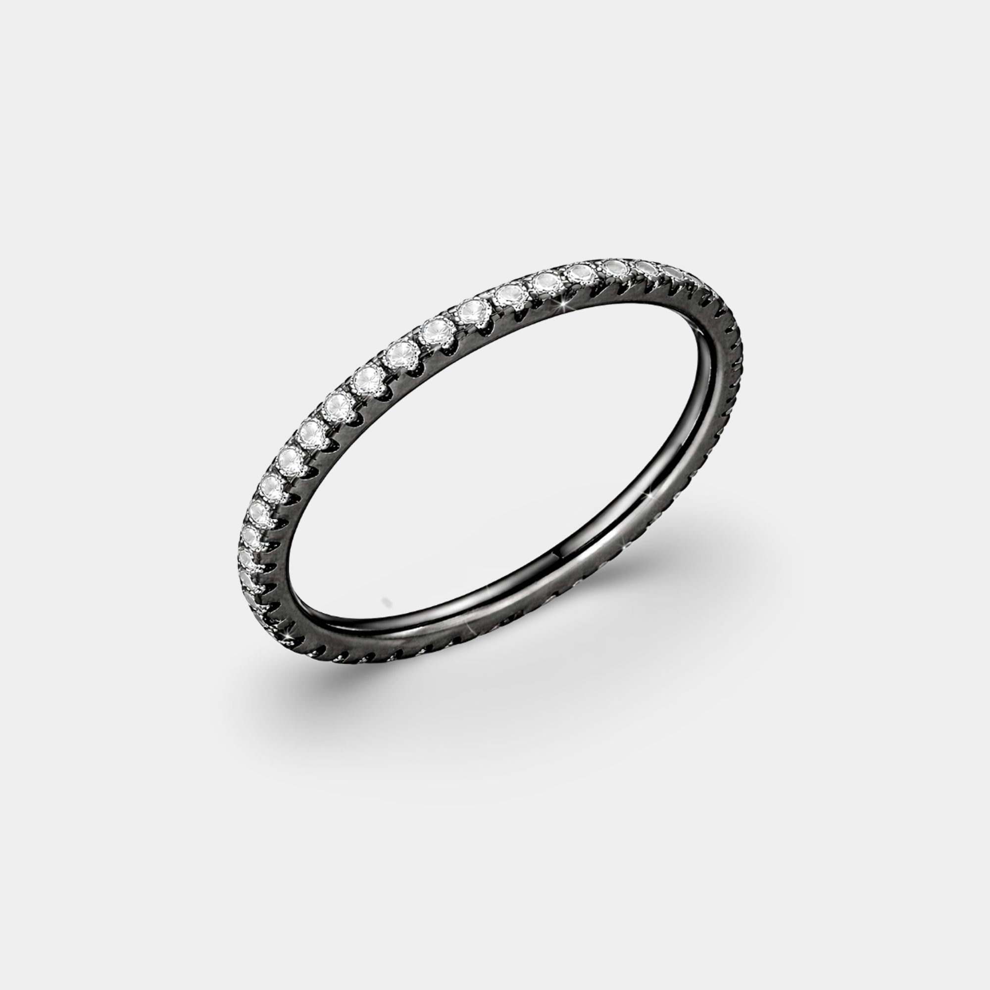 Black CZ eternity band in silver, top view of the full ring