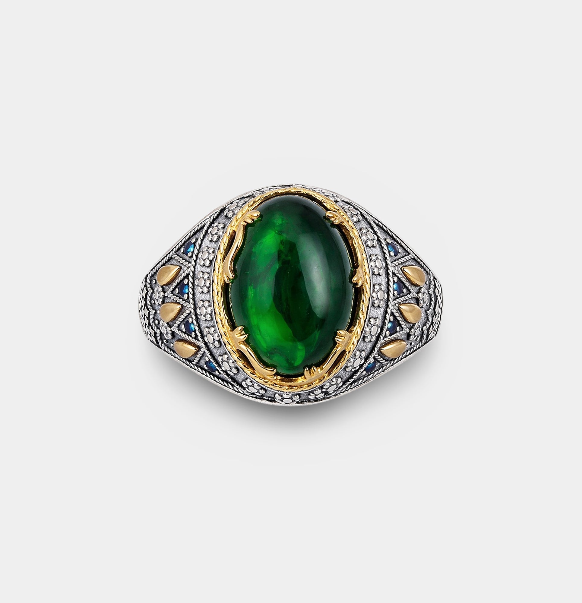 Sterling Silver Ottoman Legacy Emerald Inlaid Men's Ring | Gemstone Luxury Jewelry - MH ELEGANCE - Sterling Silver Ottoman Legacy Emerald Inlaid Men's Ring | Gemstone Luxury Jewelry - Ring