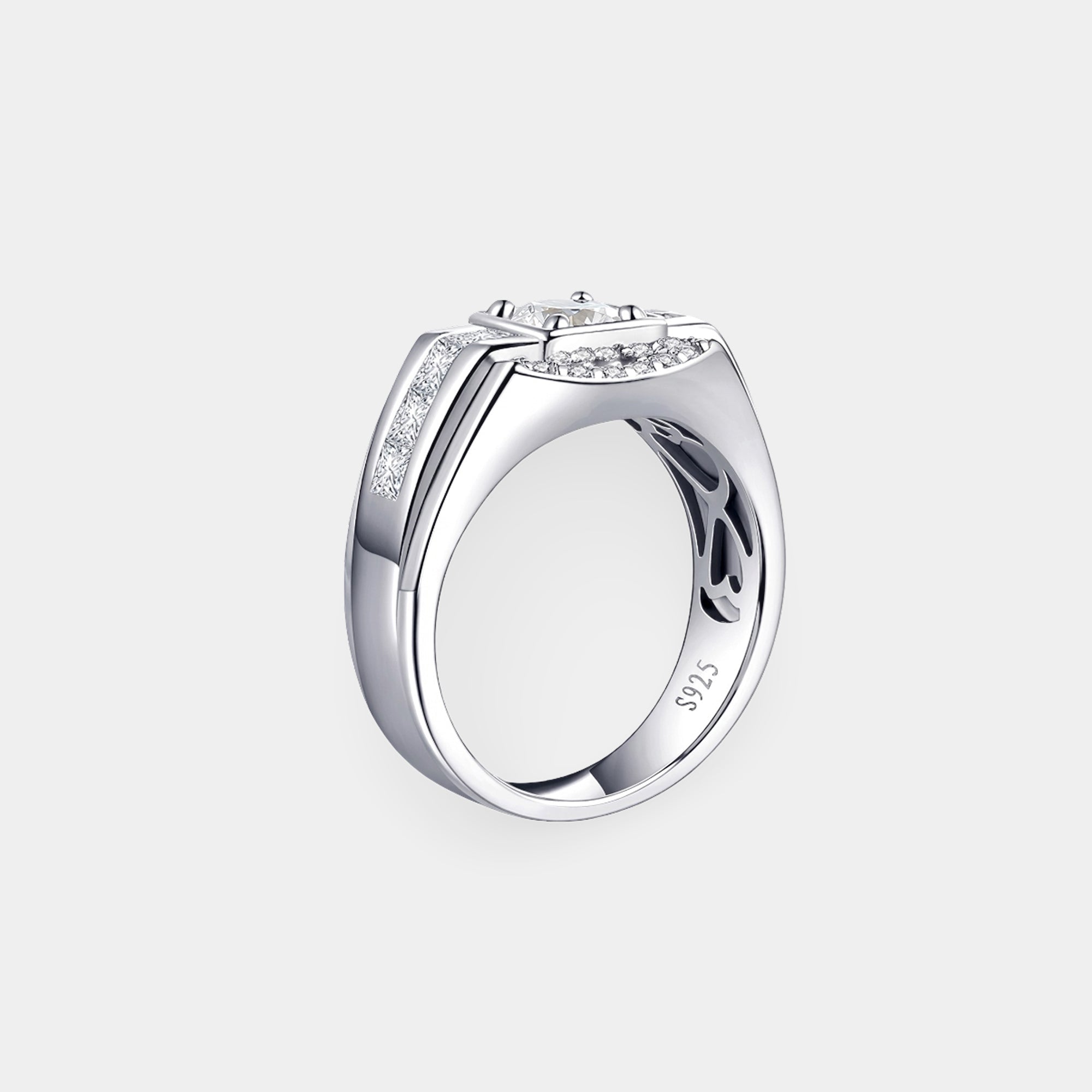Men's white gold plated moissanite halo wedding band, detail view