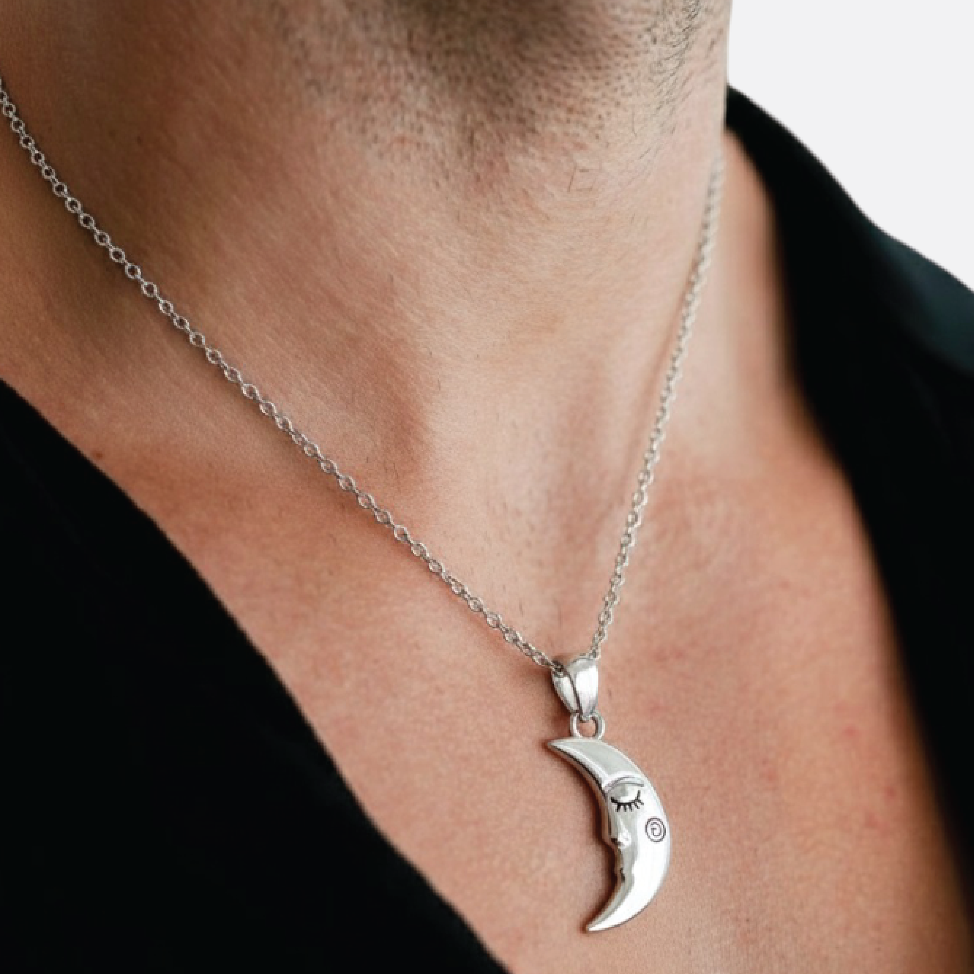 Sterling Silver Sun & Moon Couple Necklace Set | His & Hers Celestial Pendants - MH ELEGANCE - 925 sterling silver moon pendant from his and hers sun moon couple necklace set - Necklace