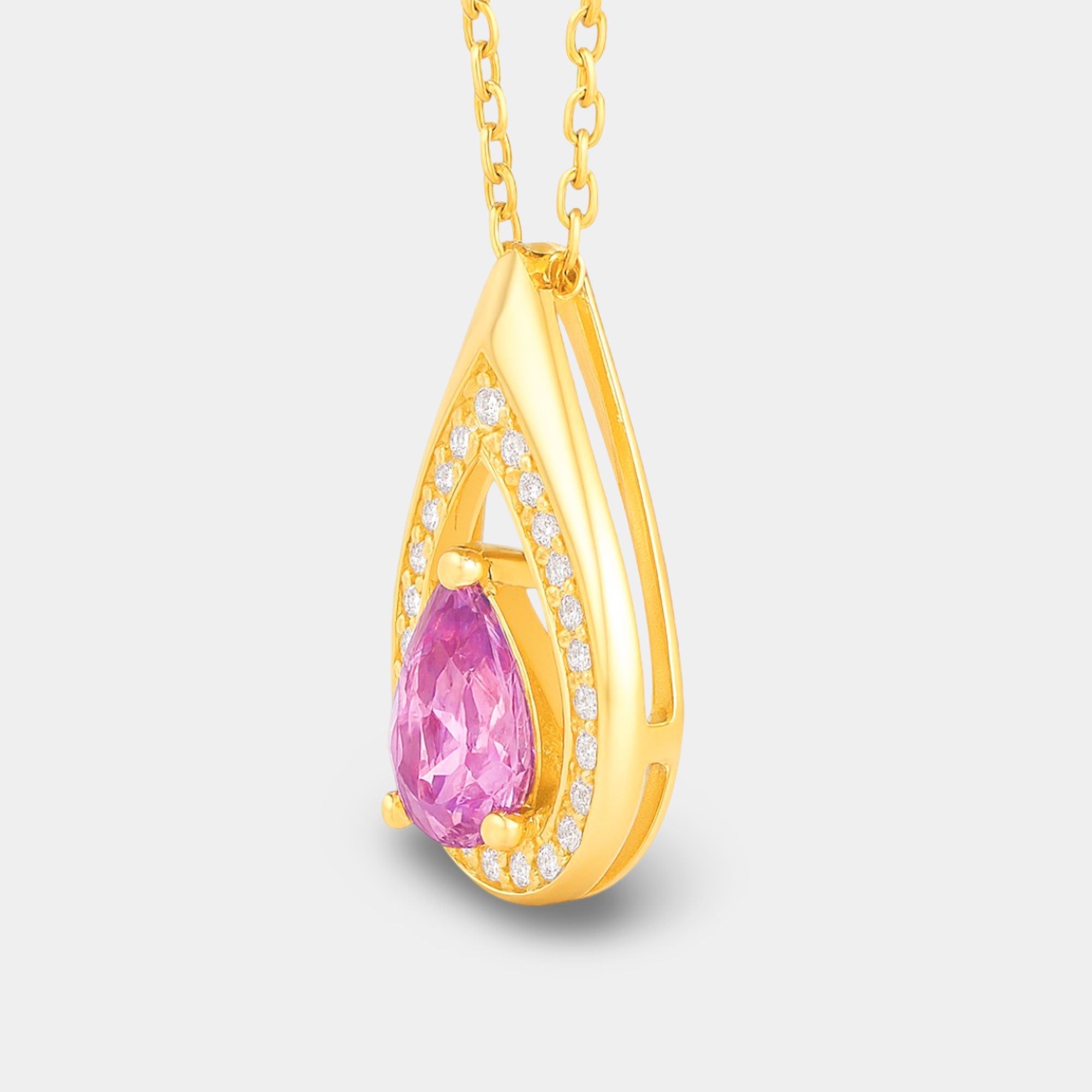 Pink tourmaline teardrop pendant shown with its gold-plated chain and lobster clasp.