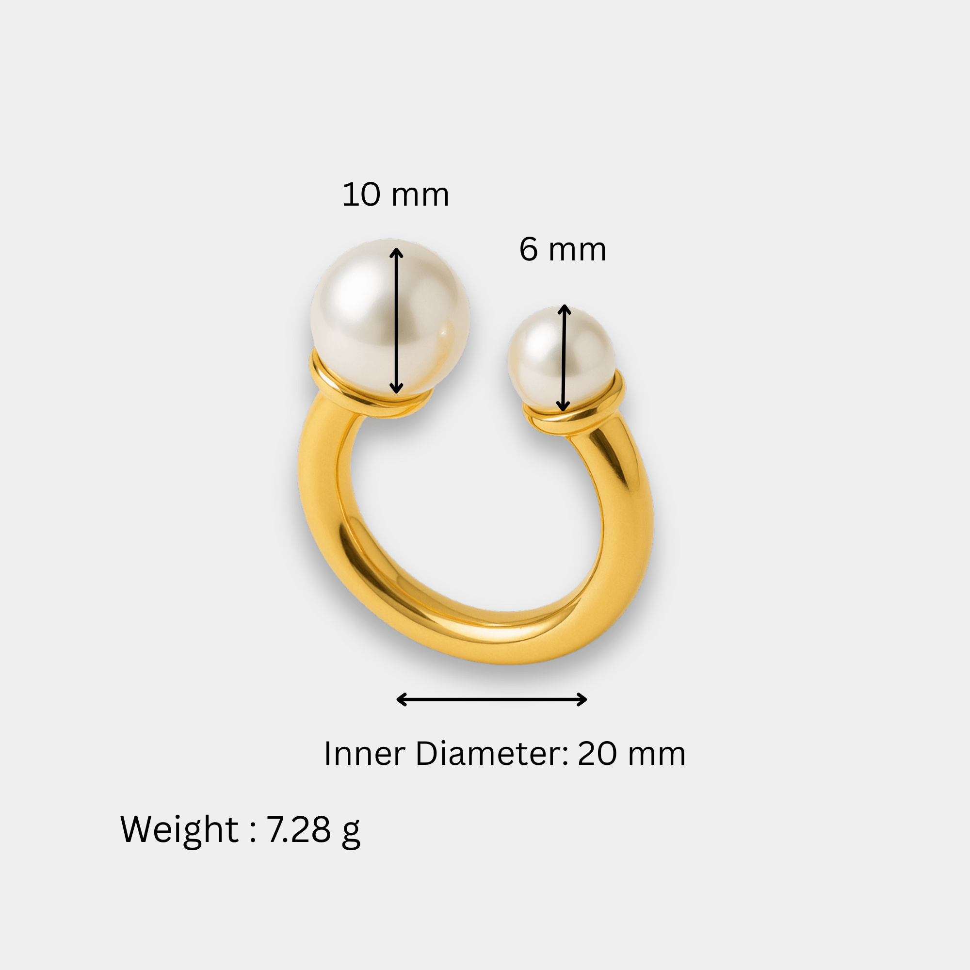 Product photo of the twin pearl arc ring highlighting the waterproof, non-tarnish 18K gold plated finish