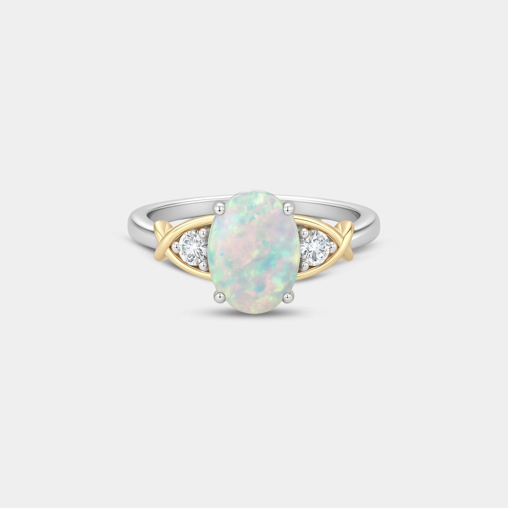 Two-Tone Opal & Diamond Crossover Ring - MH ELEGANCE - Two-Tone Opal & Diamond Crossover Ring - MH ELEGANCE -