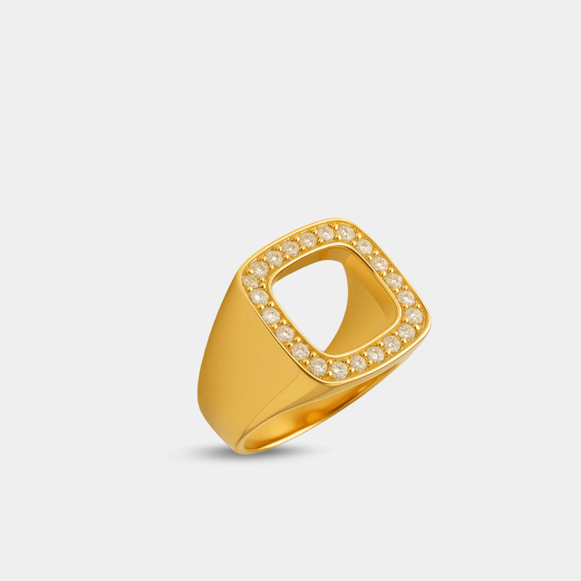 Side angle of the gold square cutout ring highlighting the sparkling zircon pavé border