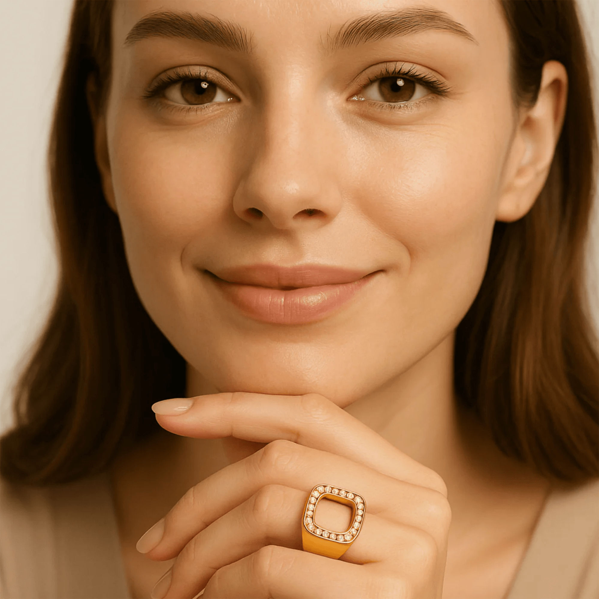 Close-up of a smiling model wearing the gold pavé square signet ring
