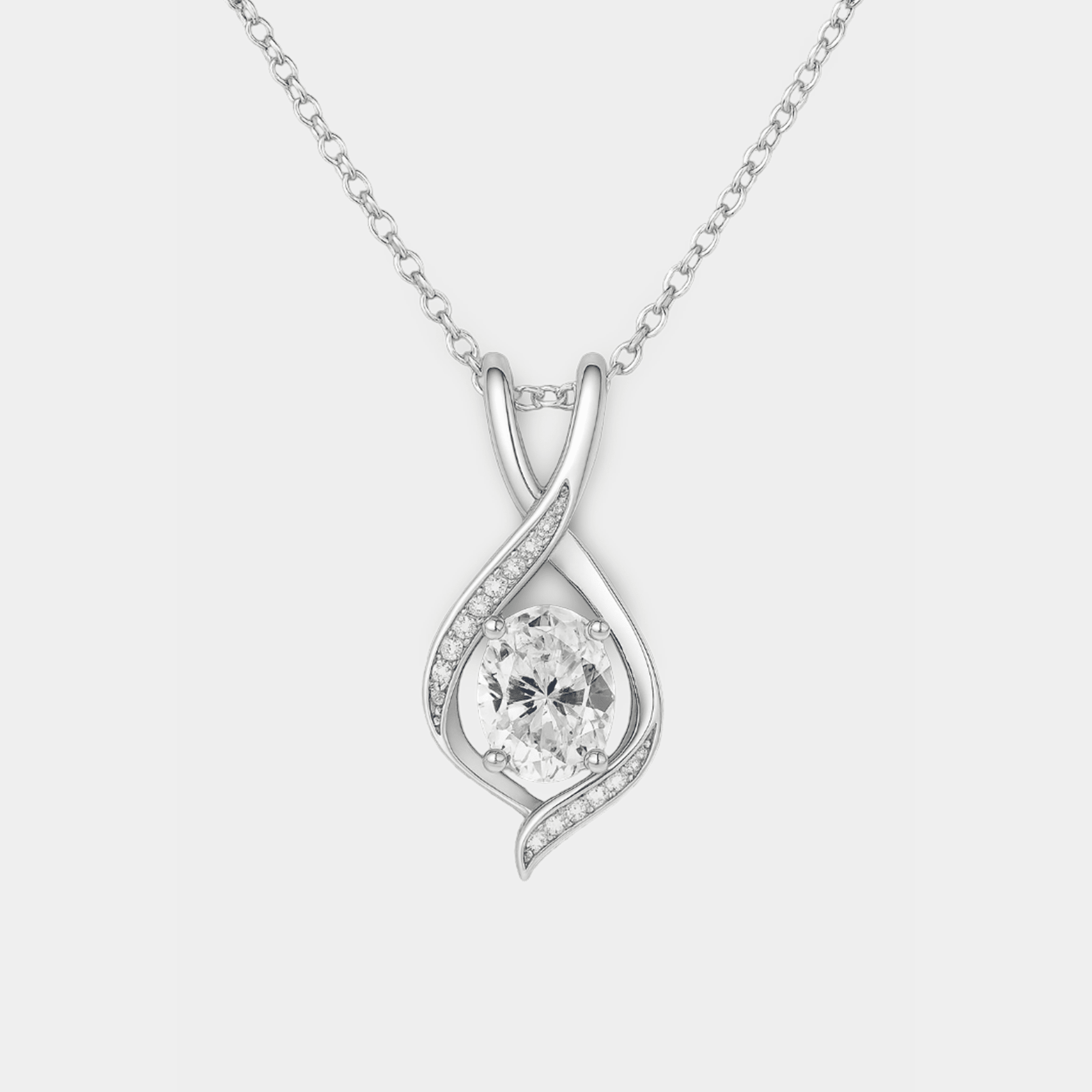 Clear sparkle pendant necklace in sterling silver, angled view