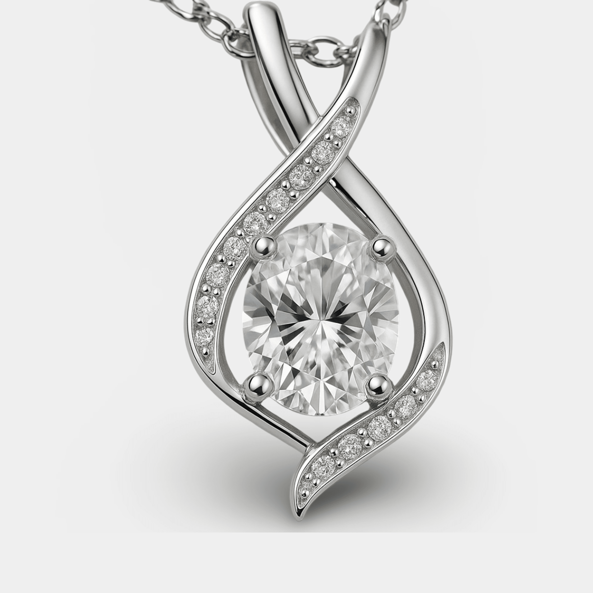 Oval cubic zirconia pendant on an adjustable cable chain, full necklace view