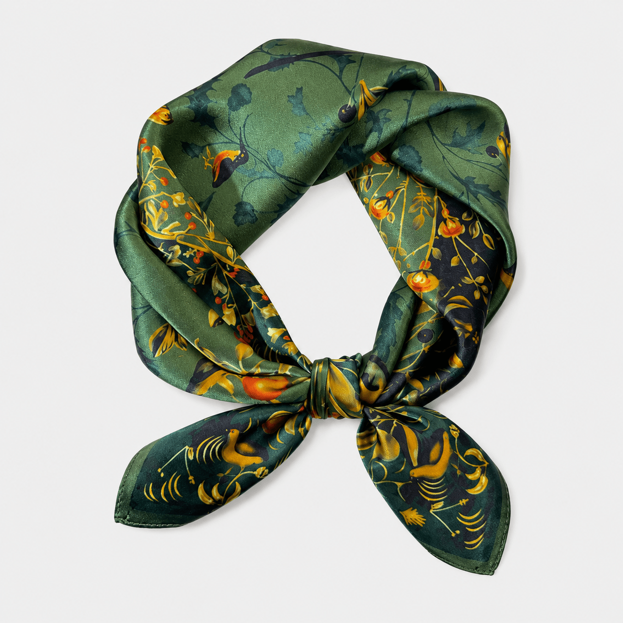 100% Mulberry Silk Scarf - Emerald Botanical Square | Luxury Hair Care | MH Elegance - MH ELEGANCE - 100% mulberry silk scarf with emerald botanical print, hand-illustrated vintage florals and birds, luxury square accessory by MH Elegance - scarves & shawls