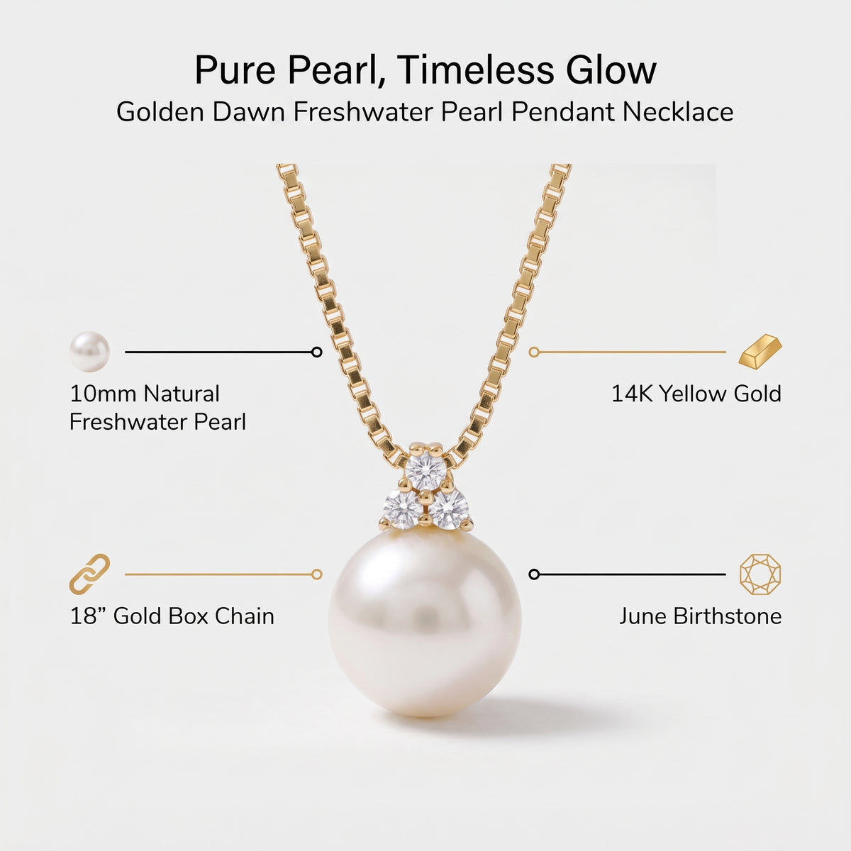 Pearl pendant features: 10mm freshwater pearl, 14K yellow gold, 18-inch box chain, June birthstone