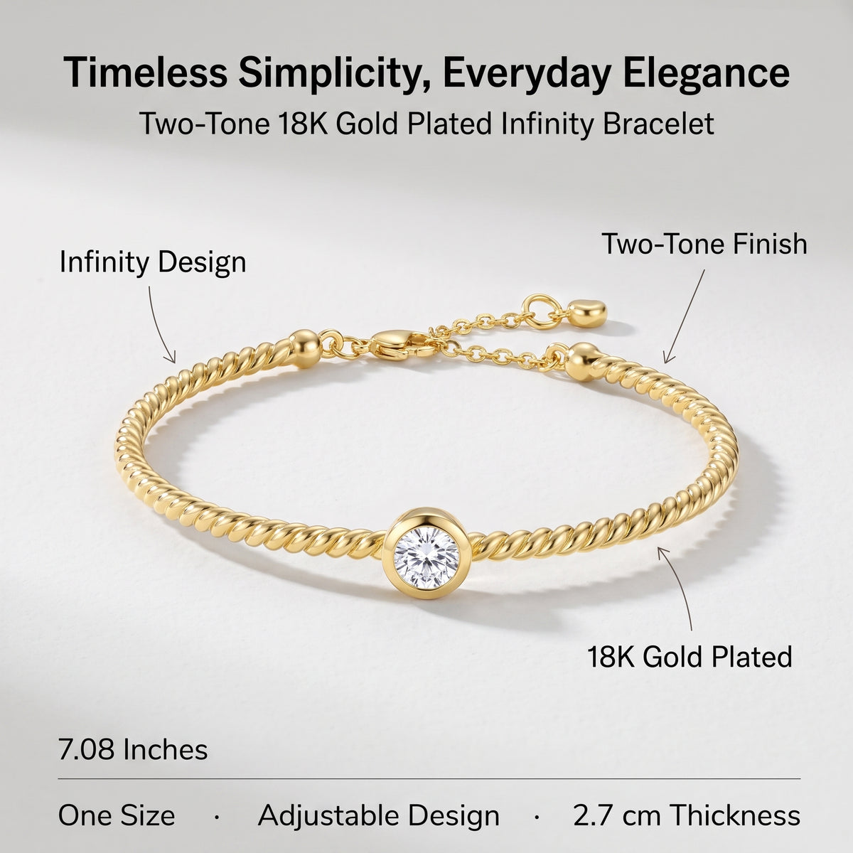 A gold-plated infinity bracelet with a round clear gemstone, shown on a light gray background with text callouts describing its features and dimensions.