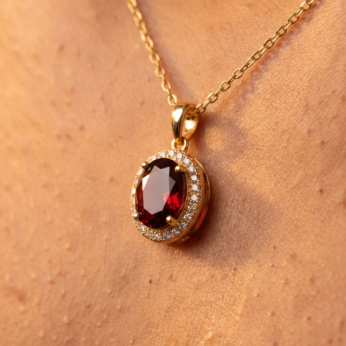 Aura Garnet Halo Pendant Necklace – January Birthstone 18K Gold Plated Silver