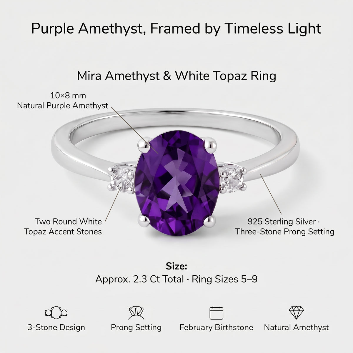 Anillo Mira de amatista de tres piedras