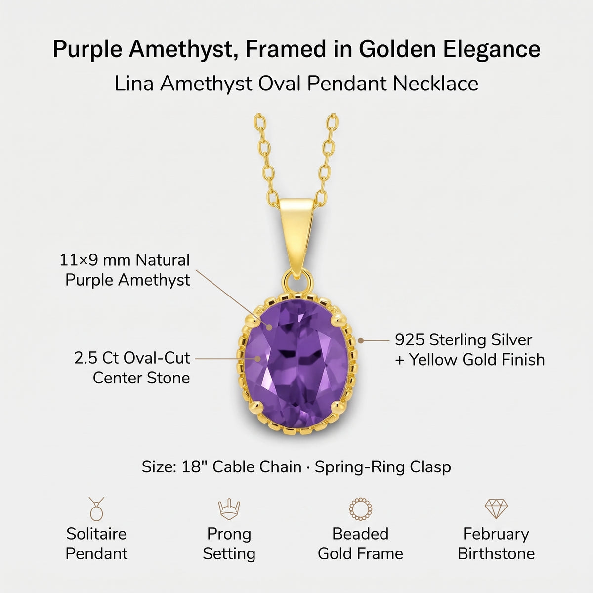 Lina Amethyst Oval Pendant Necklace – Gold-Plated Silver February Birthstone