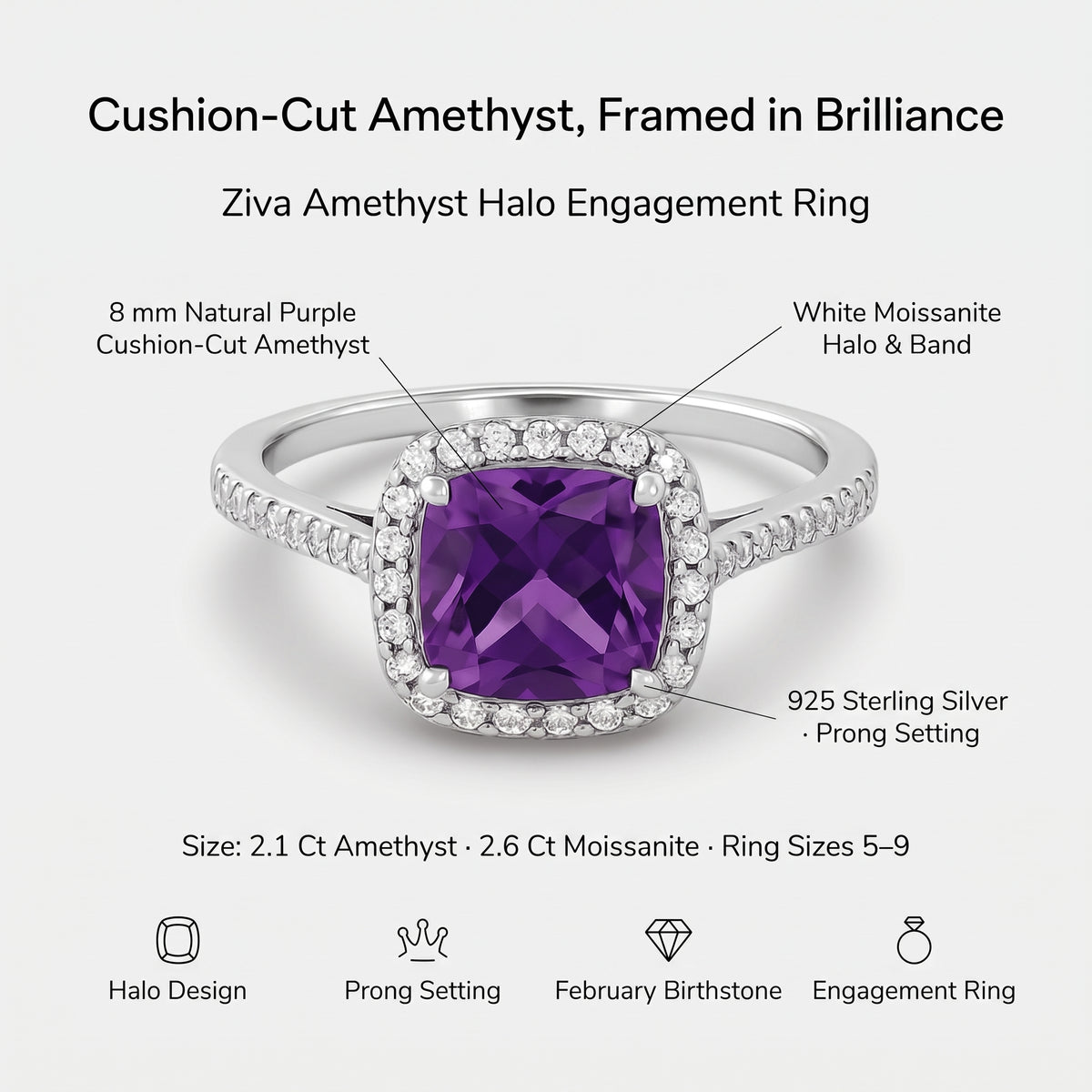 Bague de fiançailles Ziva Amethyst Halo