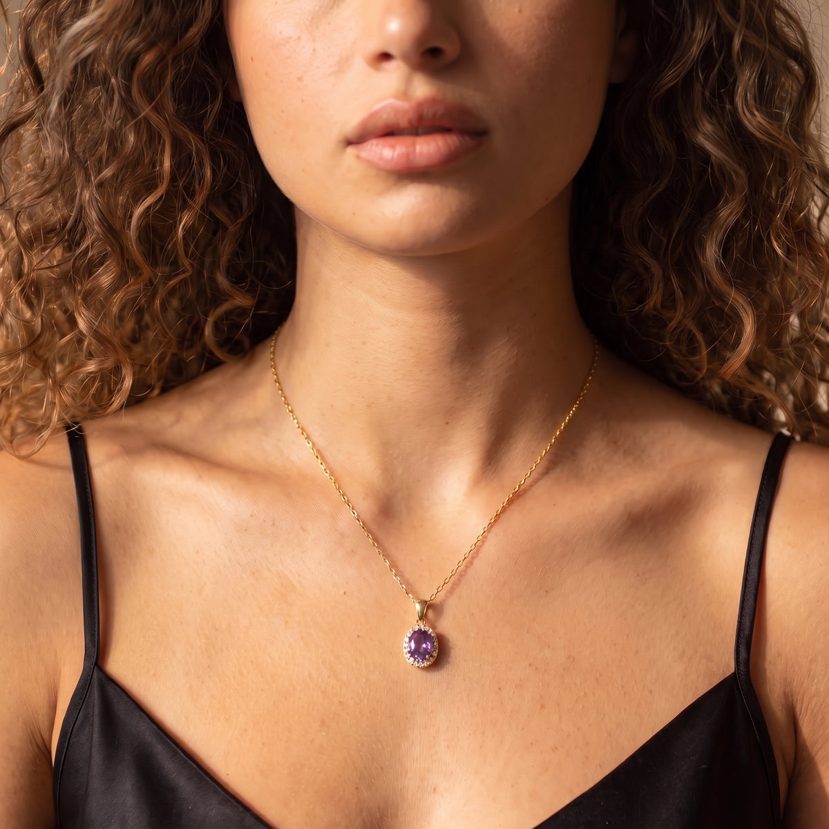 Aura Amethyst Halo Pendant Necklace – February Birthstone 18K Gold Plated Silver