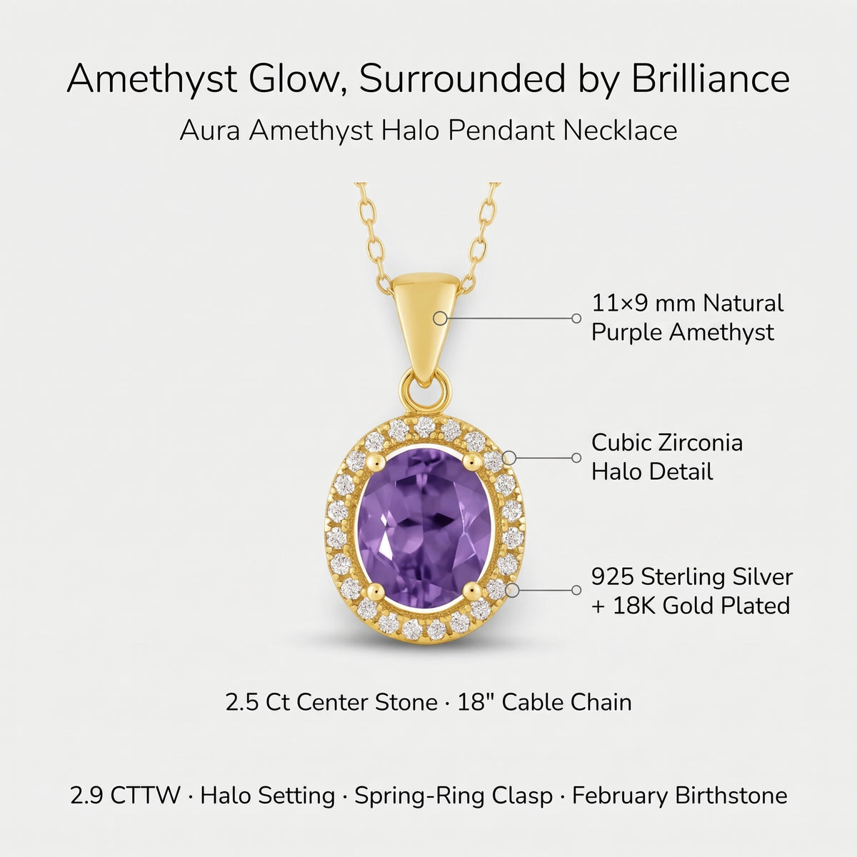 Aura Amethyst Halo Pendant Necklace – February Birthstone 18K Gold Plated Silver