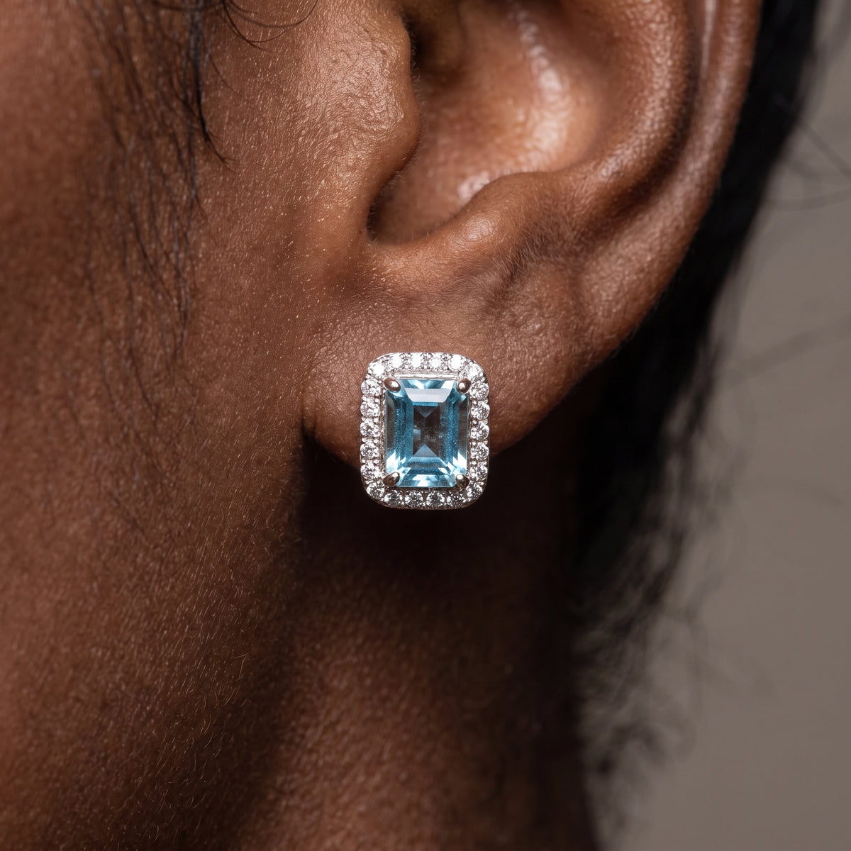 Veya Aquamarine Halo Stud Earrings – Emerald Cut March Birthstone 925 Silver