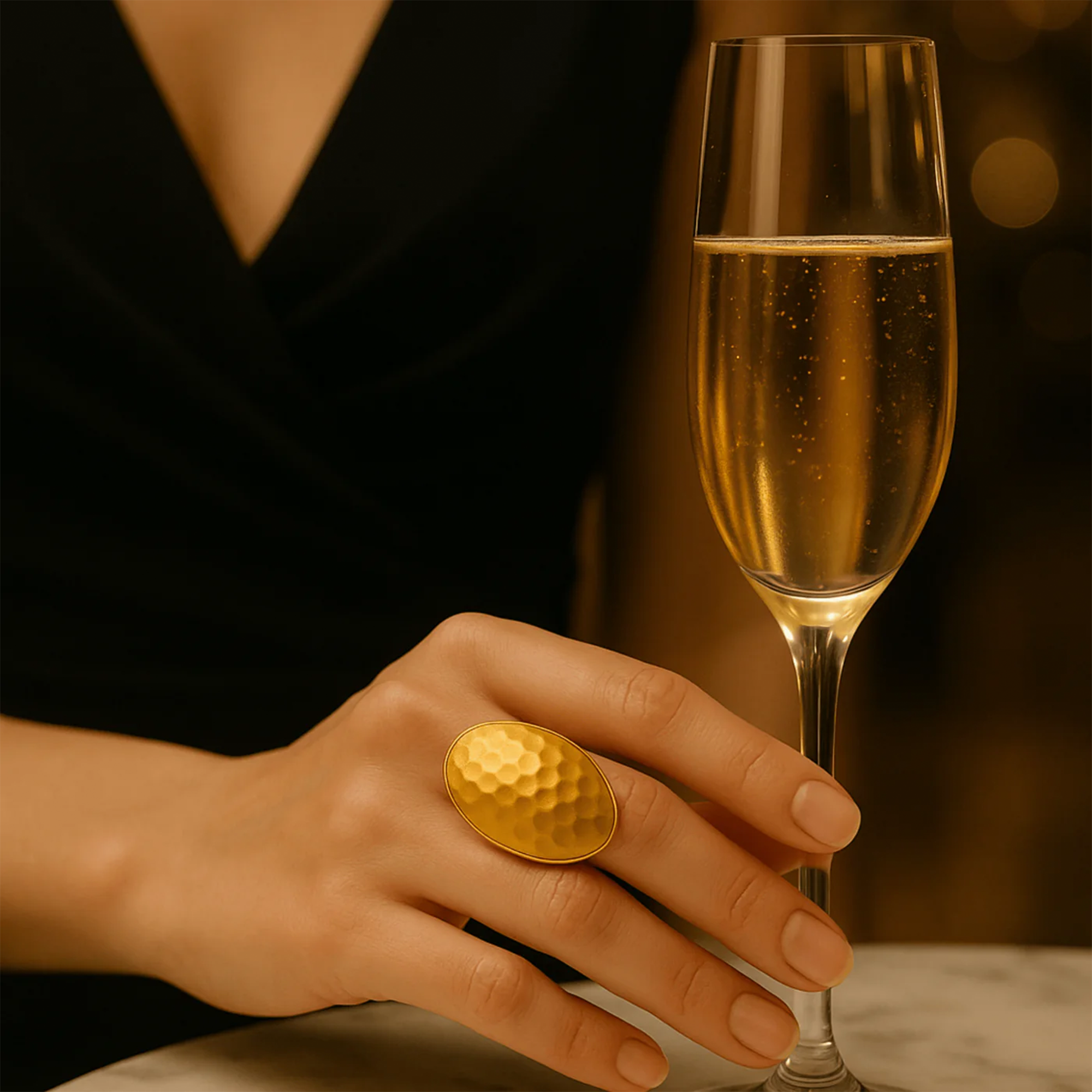 Textured gold dome ring stacked with dainty 14K gold band showing contrast stack styling for women