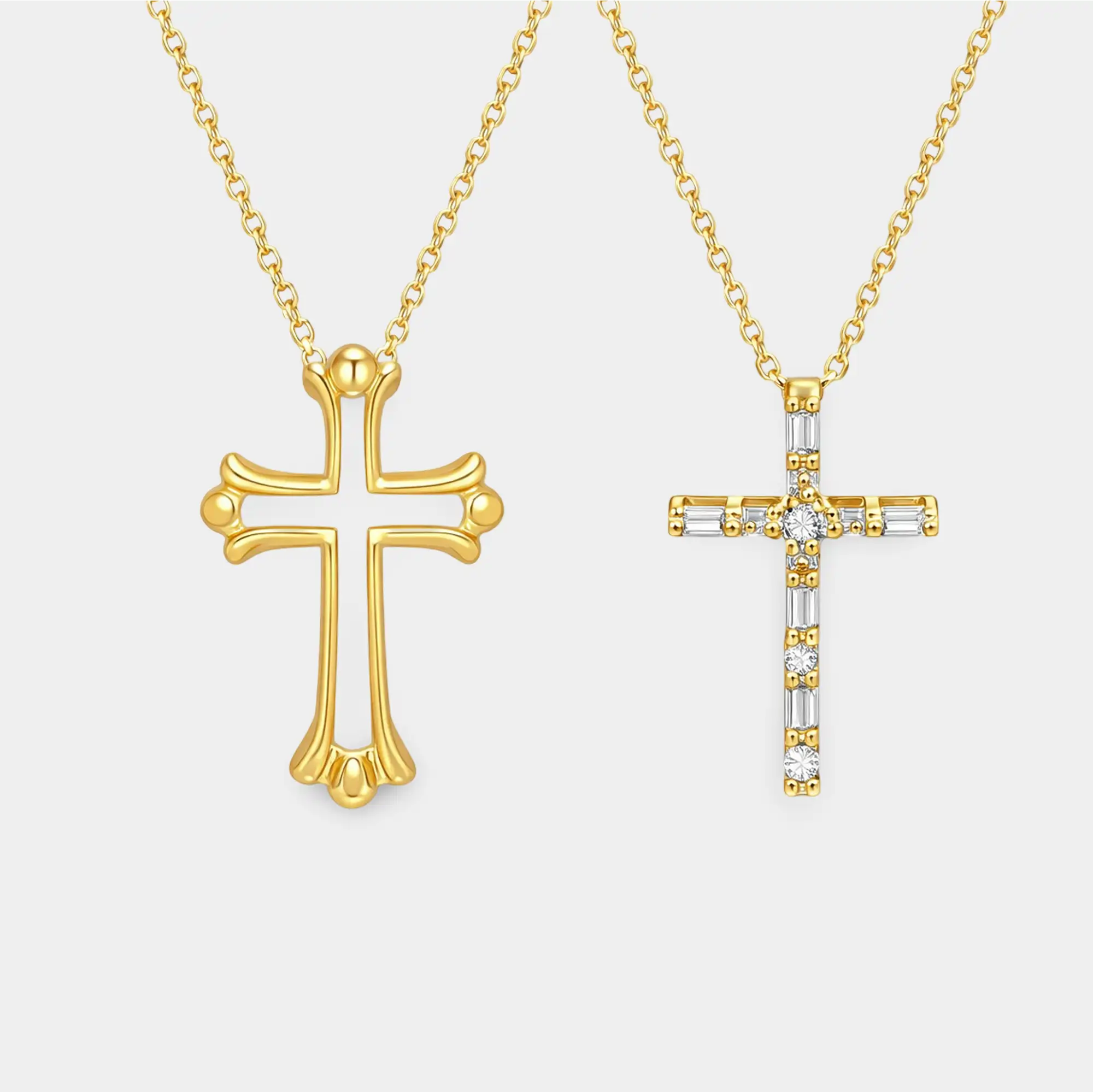 14K gold plated his and hers puzzle cross matching couples necklace set on display