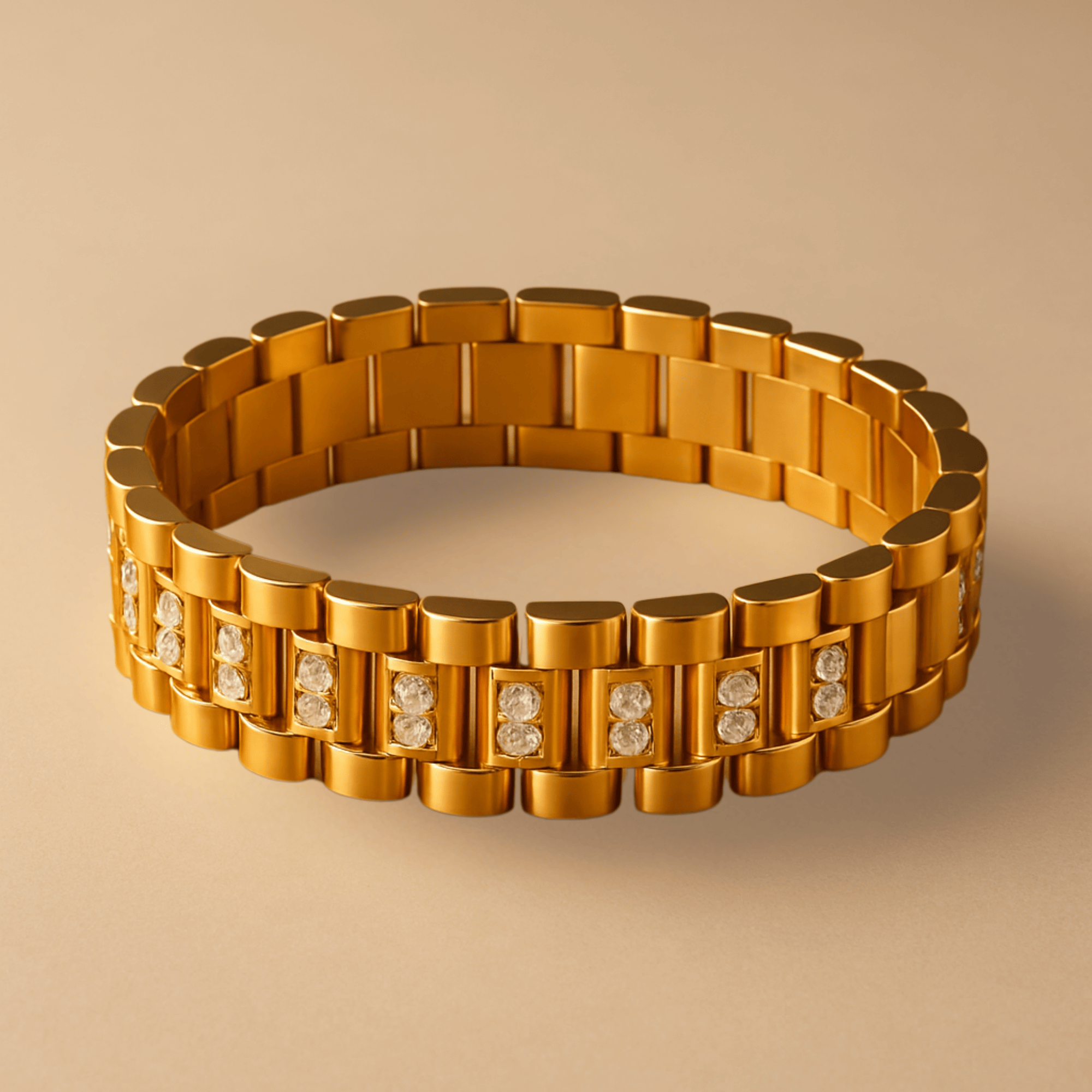 Watch strap chain bracelet styled on the wrist, bold unisex stainless steel statement piece for daily wear