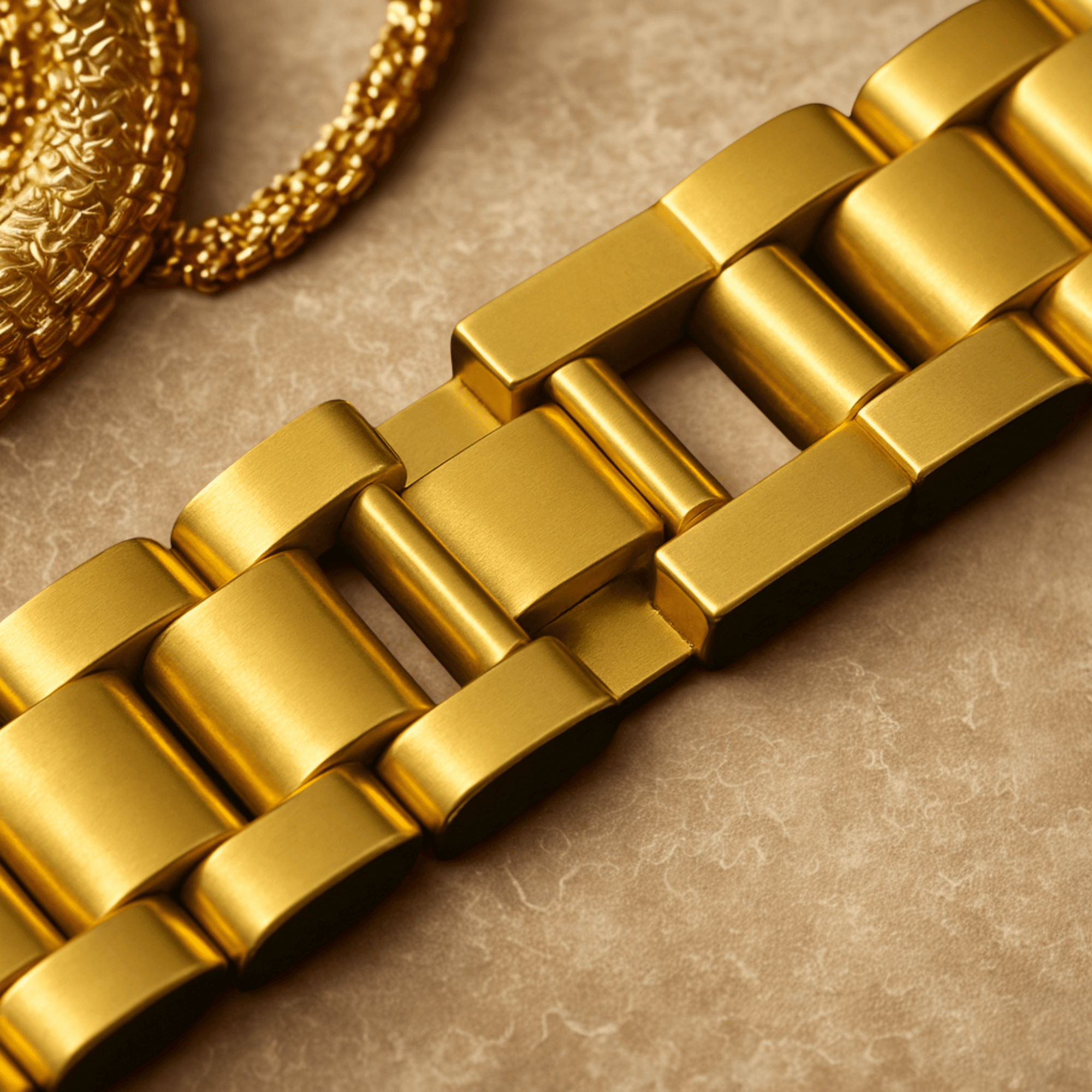 Close-up of geometric diamond-cut links on the MH Elegance stainless steel watch strap chain bracelet