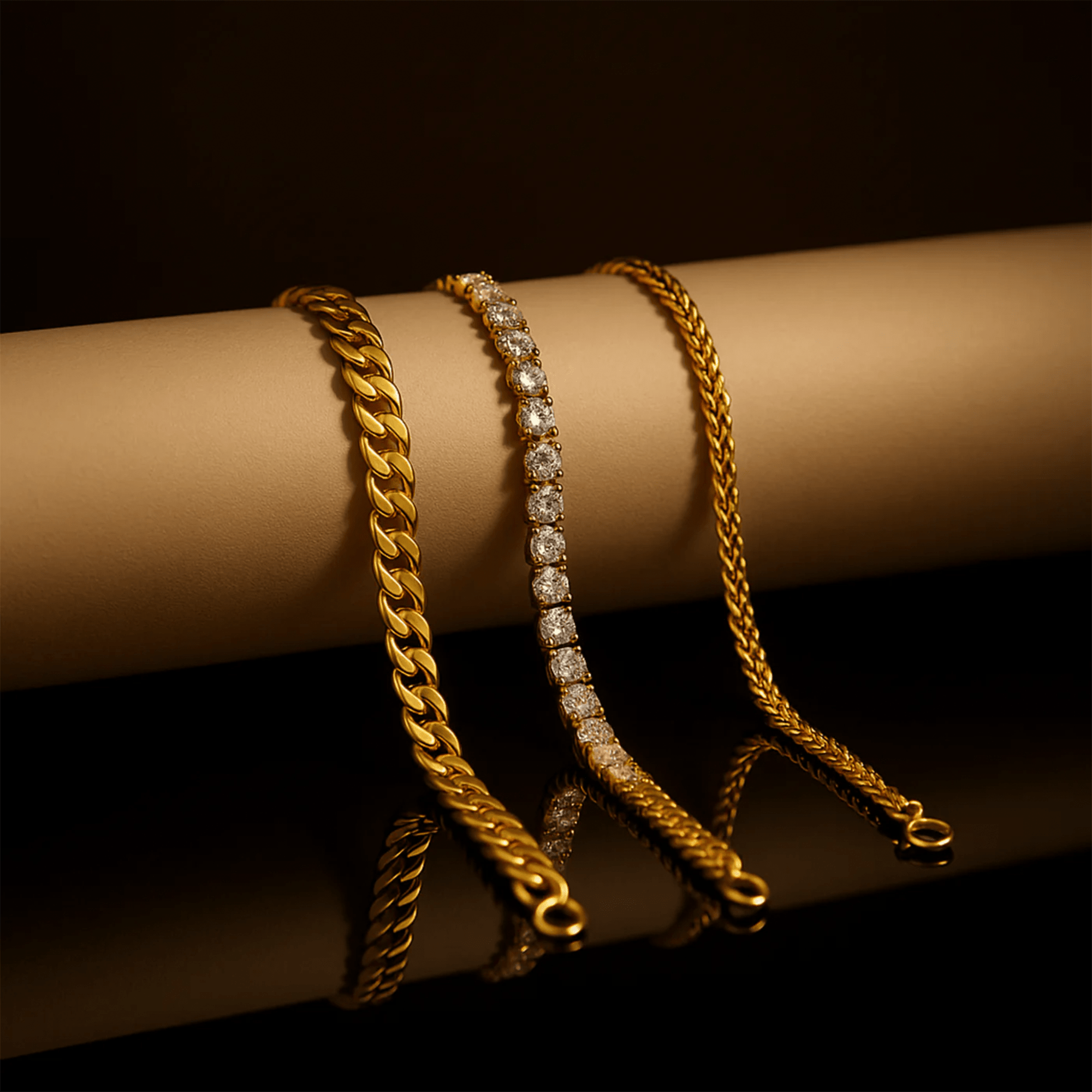 Side angle of gold plated stainless steel rhinestone Cuban link bracelet showing curb chain structure