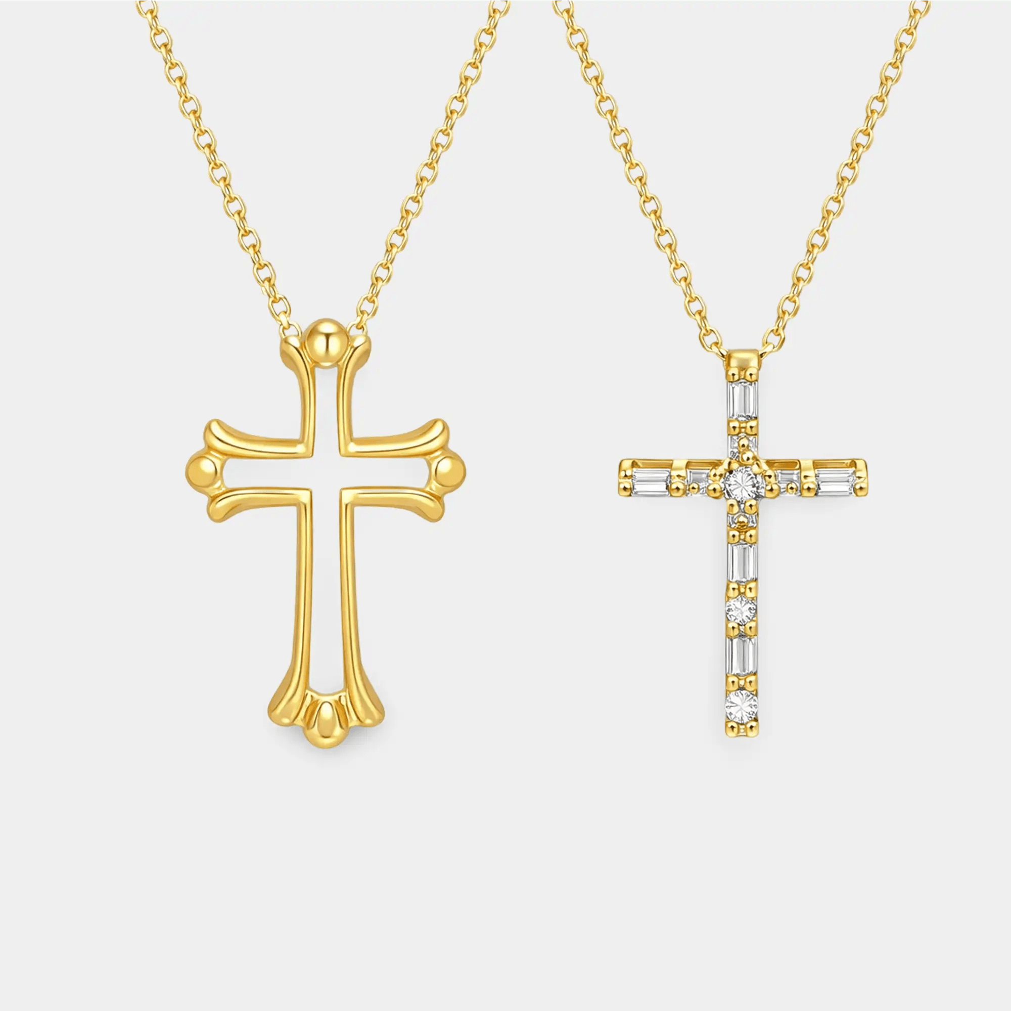 14K Gold Couples Puzzle Cross Necklace Set | His & Hers Faith Pendants - MH ELEGANCE - 14K gold plated his and hers puzzle cross matching couples necklace set on display - Necklace
