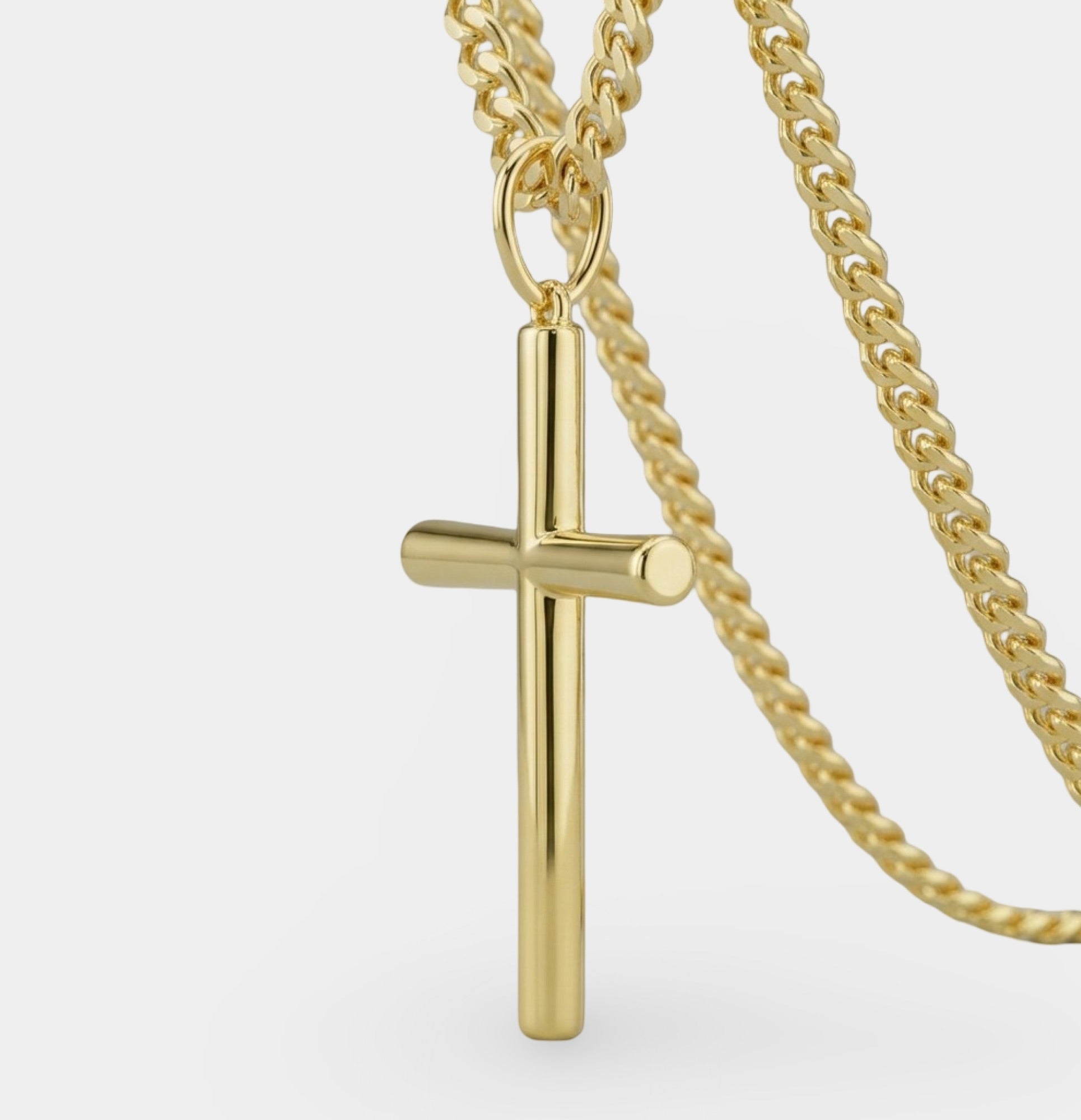 14K gold plated stainless steel Cuban cross necklace for men, angled view by MH Elegance