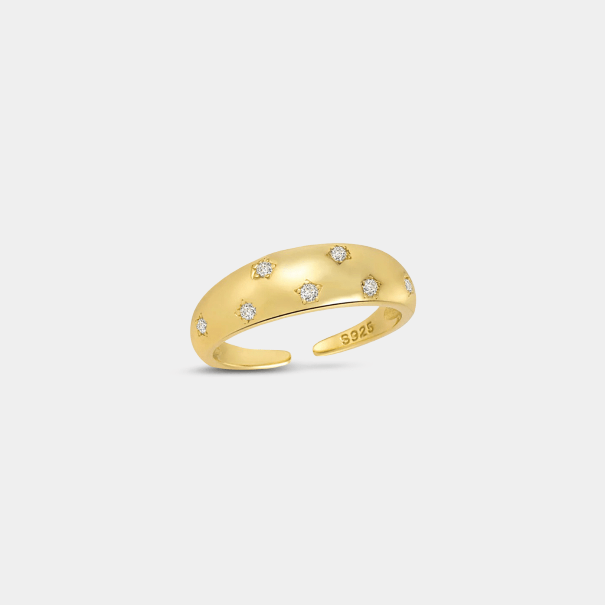 Woman wearing an adjustable celestial zircon star ring with wide open band and waterproof 18K gold plated finish