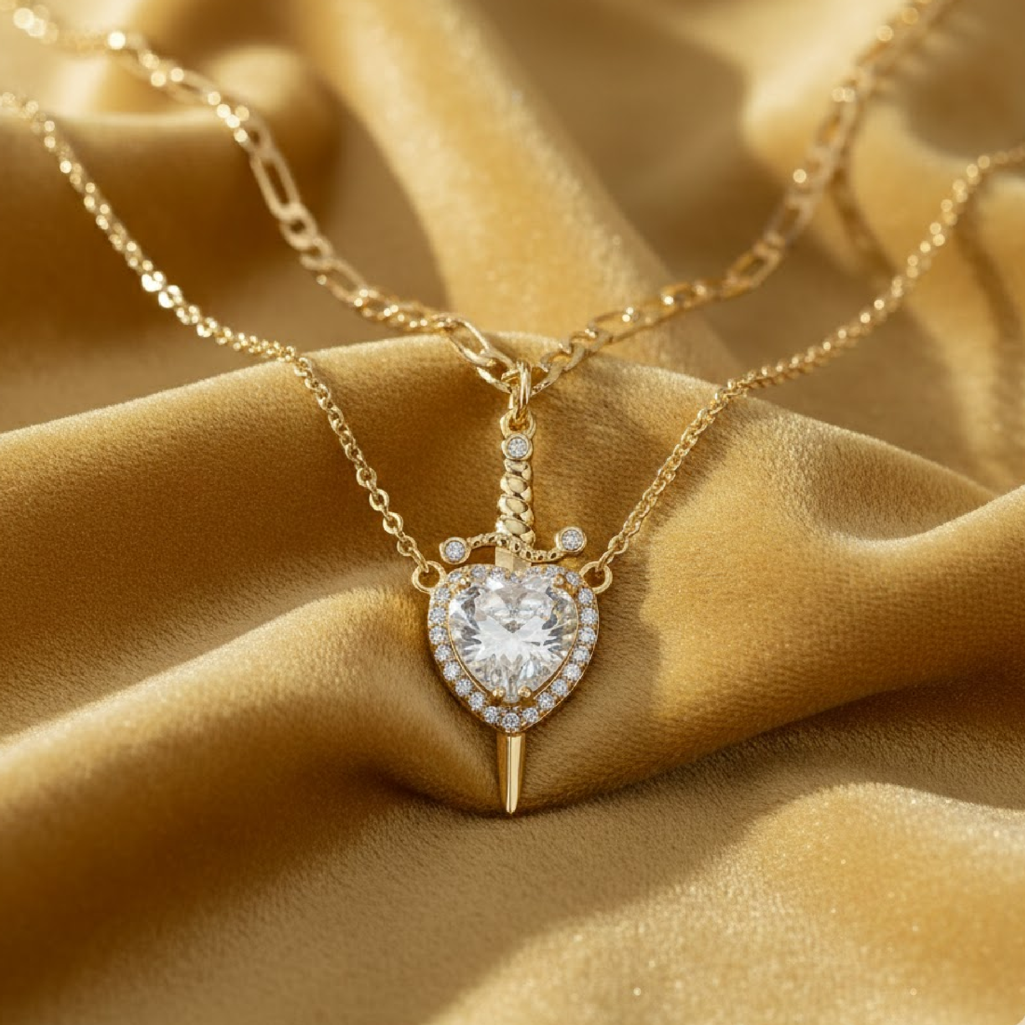 14K Gold Heart & Sword Couple Necklace Set | Matching Love Symbol Pendants - MH ELEGANCE - Couple wearing matching 14K gold heart and sword pendant necklaces lifestyle photo - Necklace