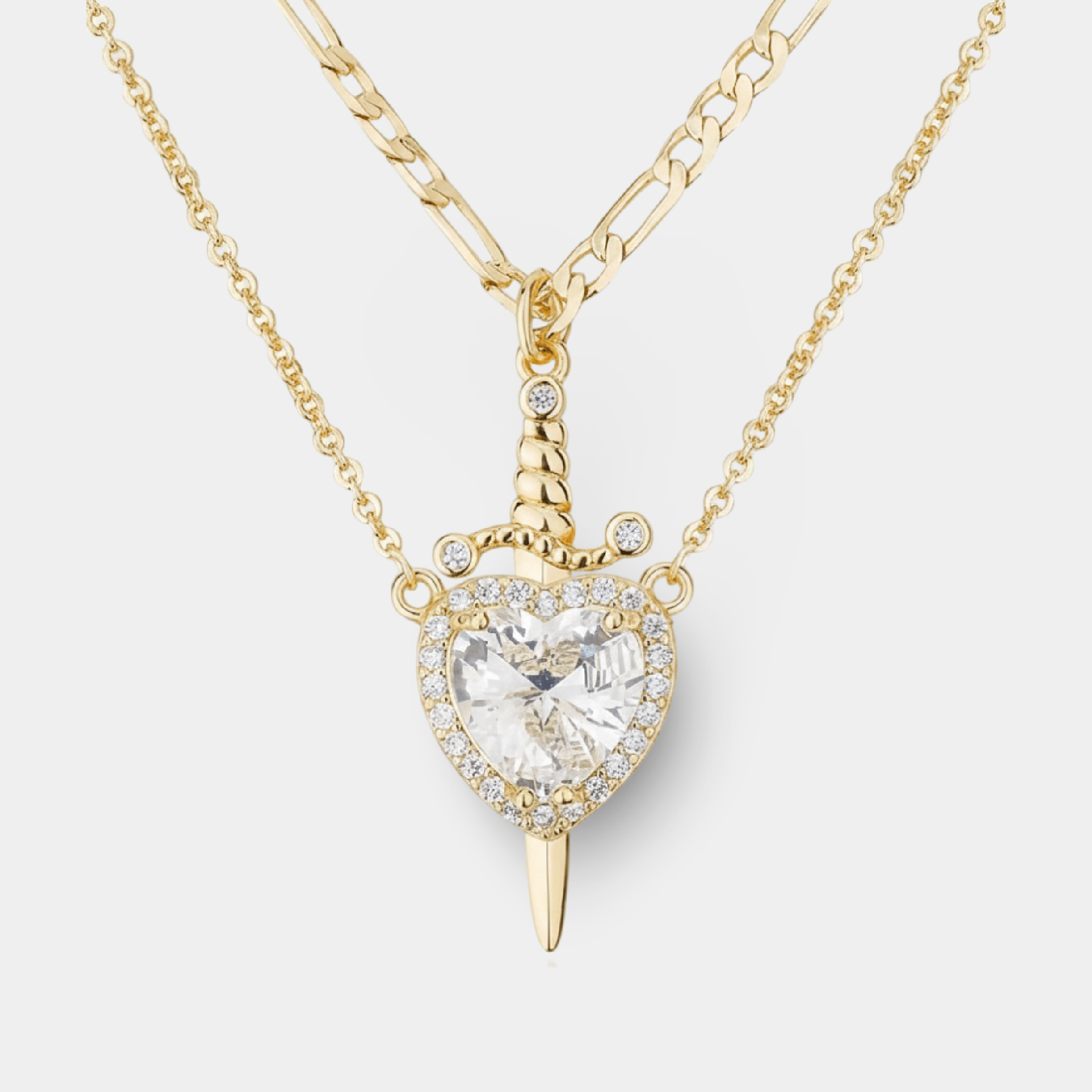 14K Gold Heart & Sword Couple Necklace Set | Matching Love Symbol Pendants - MH ELEGANCE - 14K gold plated heart and sword his and hers matching couple necklace set from MH Elegance - Necklace