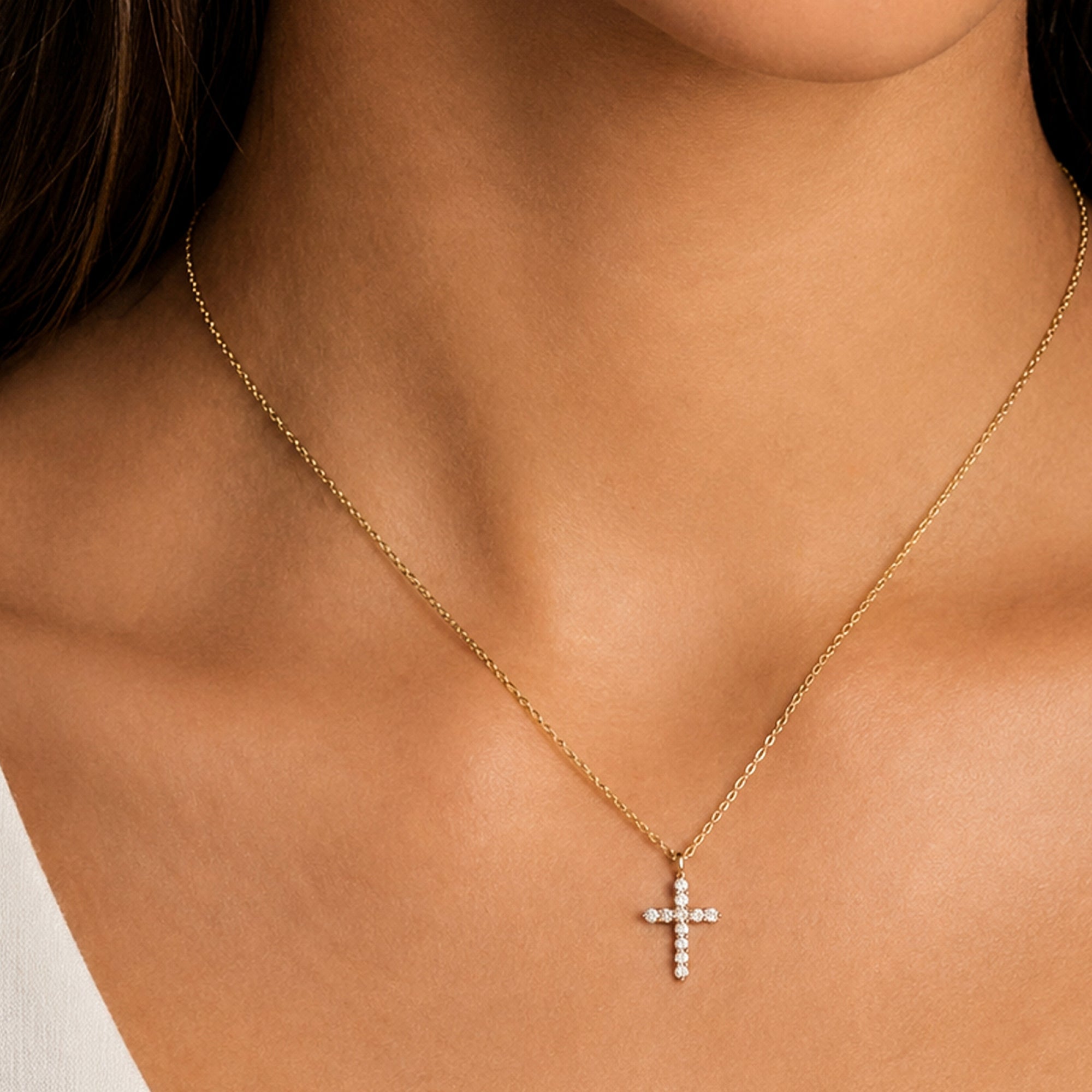 Gold CZ cross necklace for him and her, unisex faith jewelry