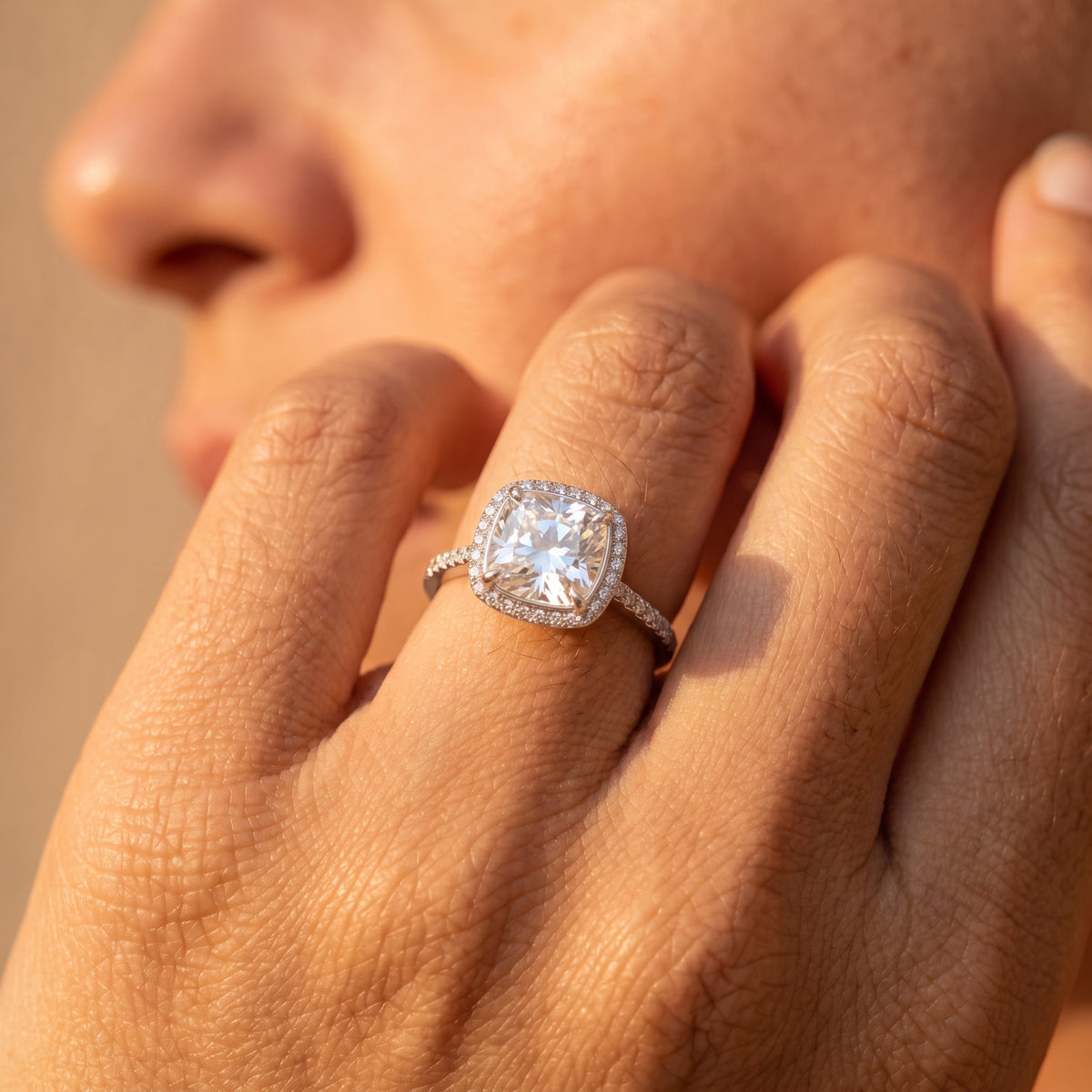 Cushion-Cut Moissanite Halo Ring – 8mm Sterling Silver April Birthstone Engagement Ring