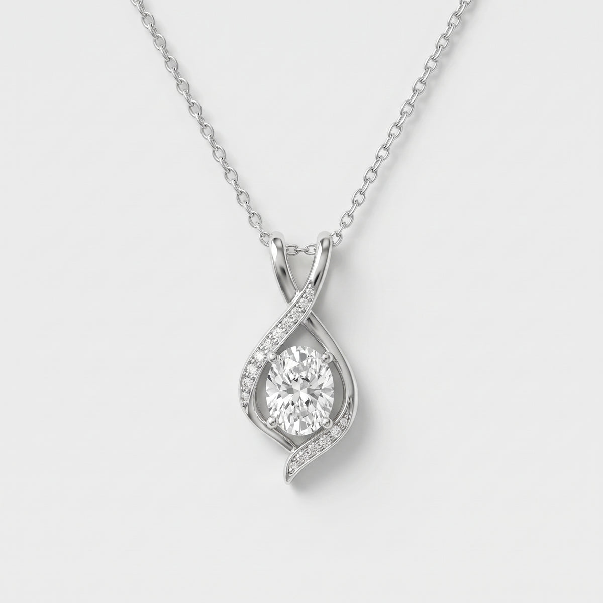Oval Cubic Zirconia Sparkle Pendant – White Gold Plated Sterling Silver Necklace