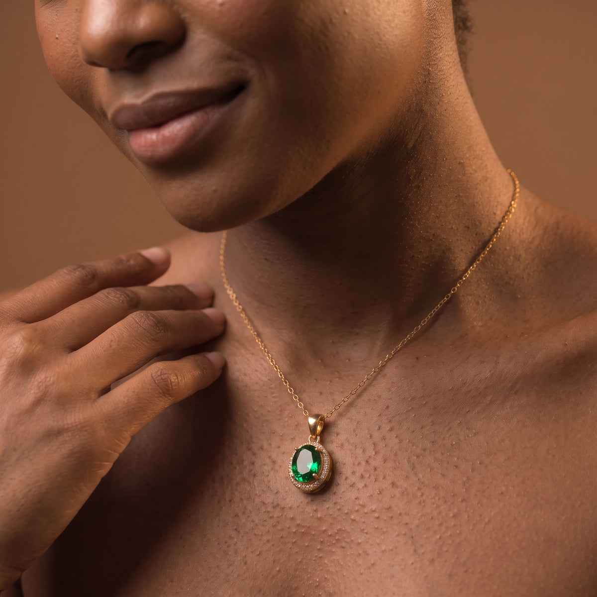 Lyra Nano Emerald Halo Pendant – Oval 11x9mm Gold Plated Silver May Birthstone Necklace