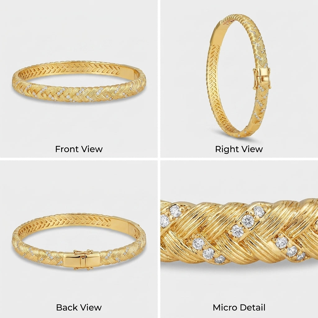 Front, side, back and close-up views of the braided gold bangle clasp and stones