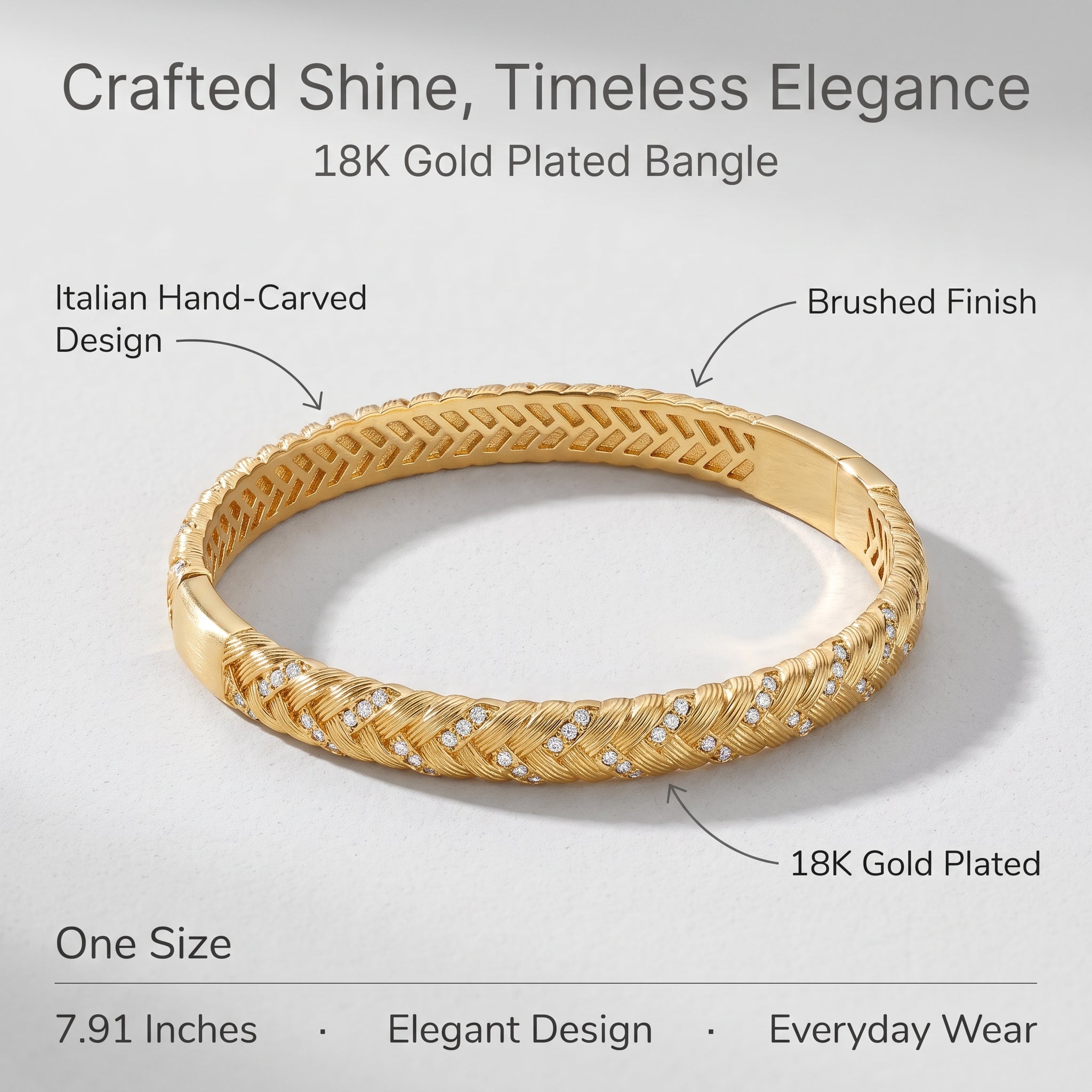 Diagram of the Italian hand-carved design, brushed finish and 18K gold plating